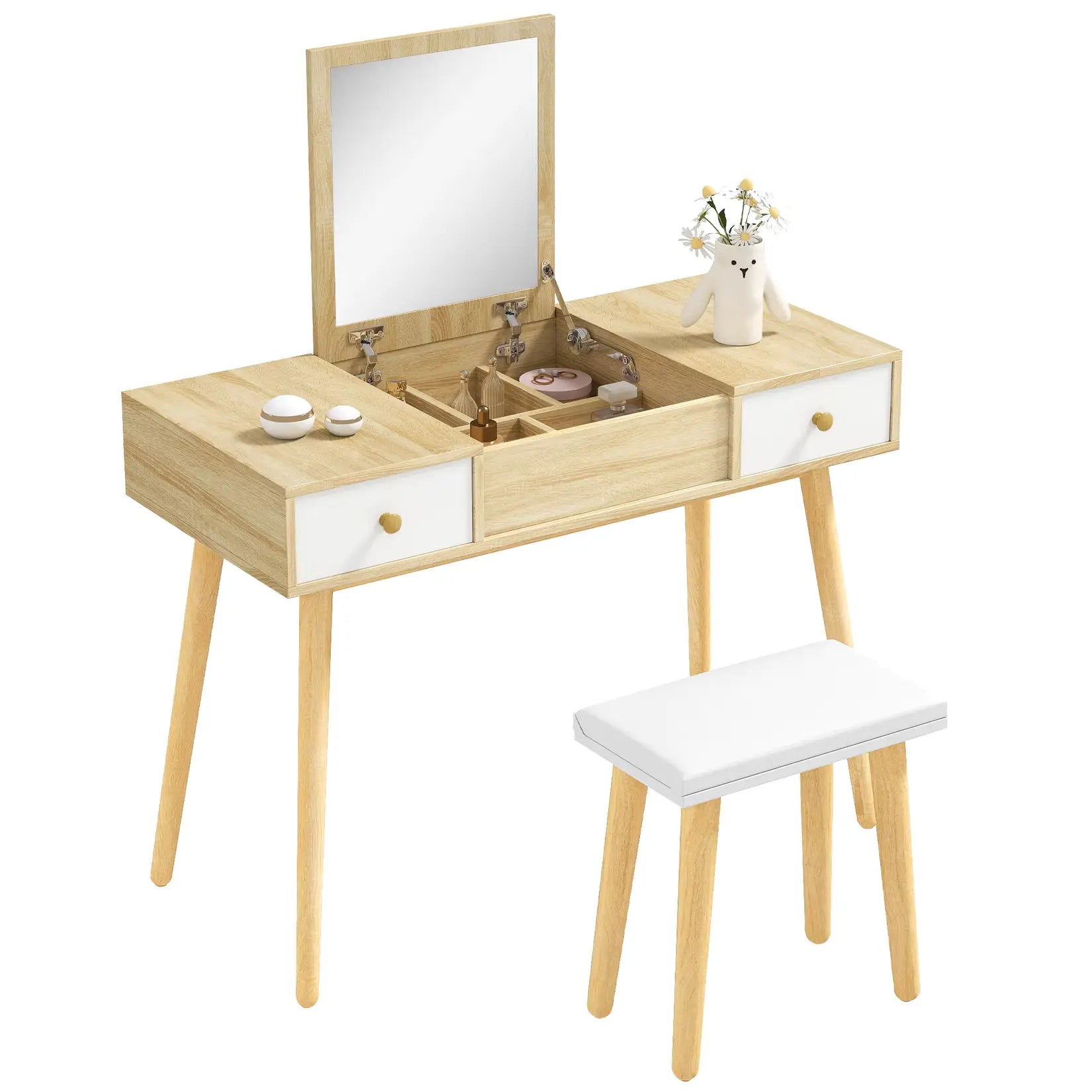 Coiffeuse meuble miroir rabattable tabouret inclus.