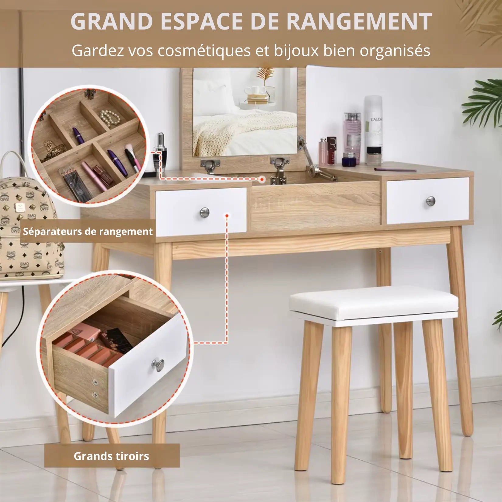 Coiffeuse meuble rangement tiroirs et compartiments.