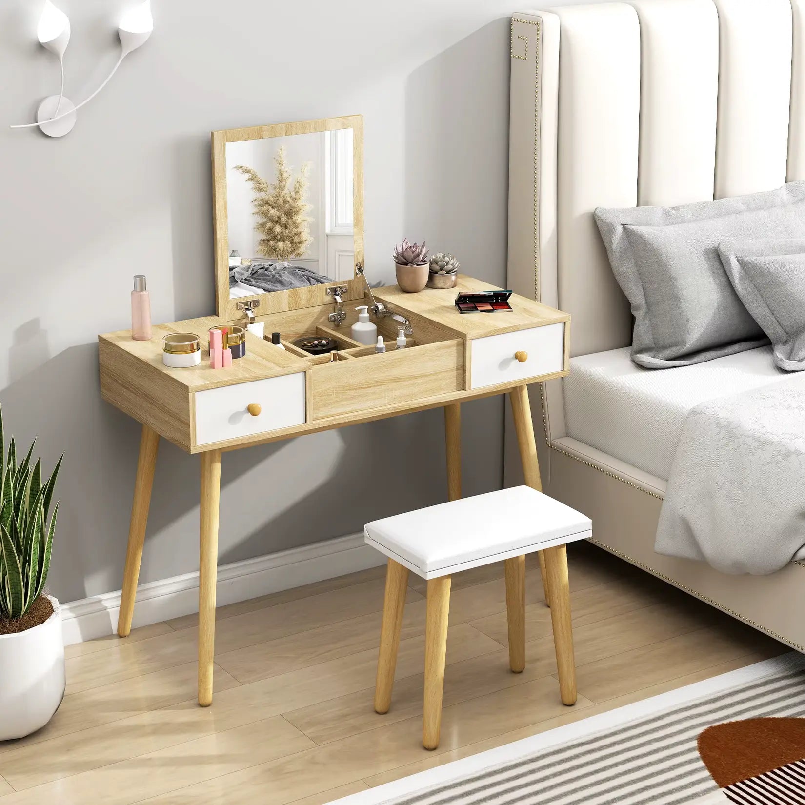 Coiffeuse meuble scandinave dans chambre bois naturel.