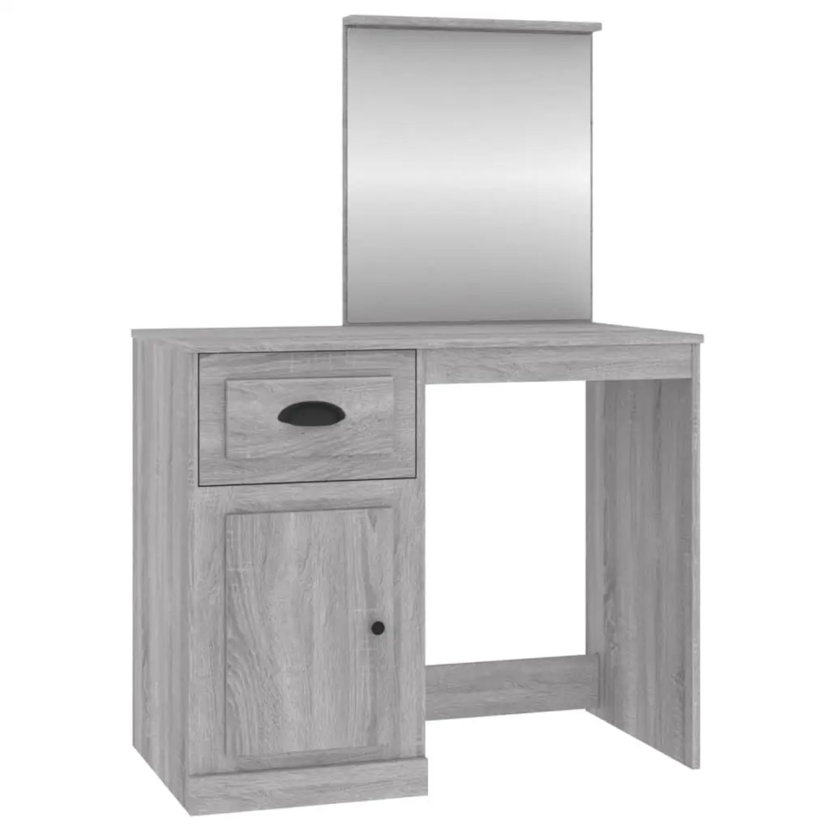 Vue de face de la coiffeuse miroir bois Sonoma avec miroir central et grand plateau.