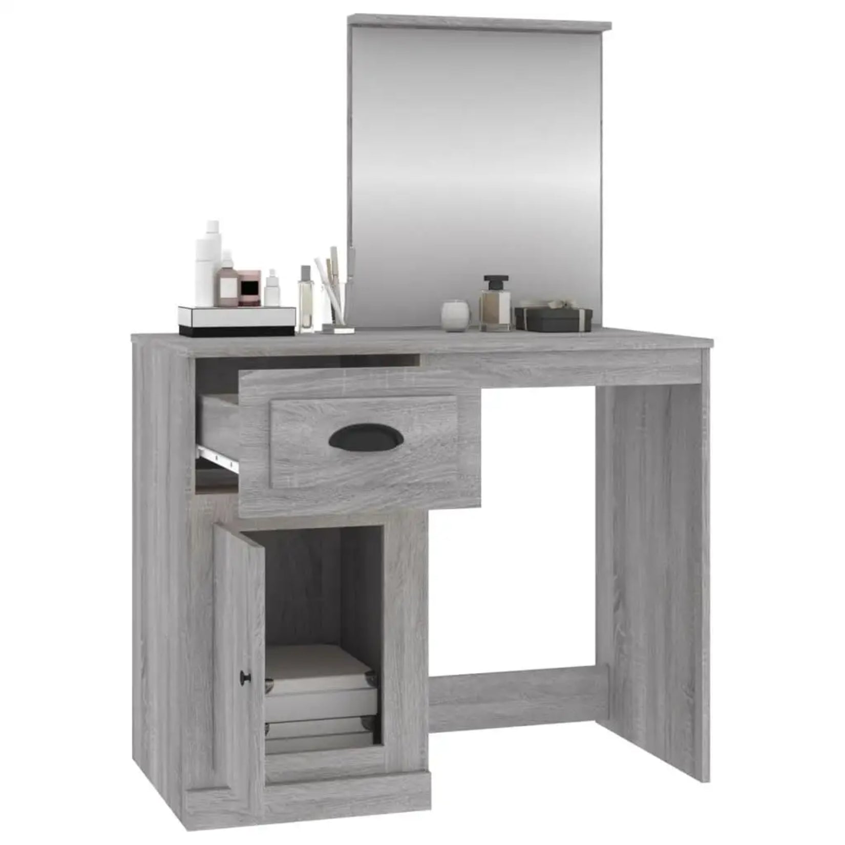 Tiroir et armoire ouverts de la coiffeuse miroir bois Sonoma avec produits de beauté.
