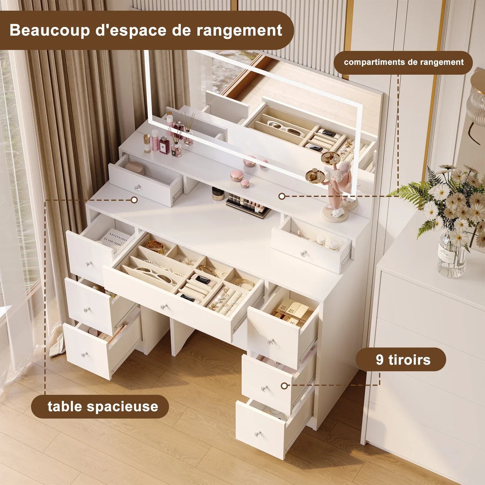 Coiffeuse Miroir LED 9 Tiroirs Rangement.