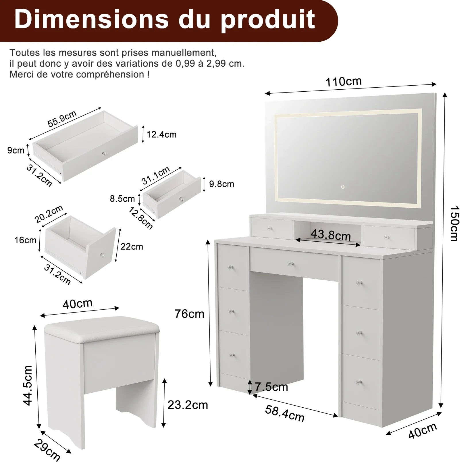Coiffeuse Miroir LED Dimensions 110x40x150 cm.