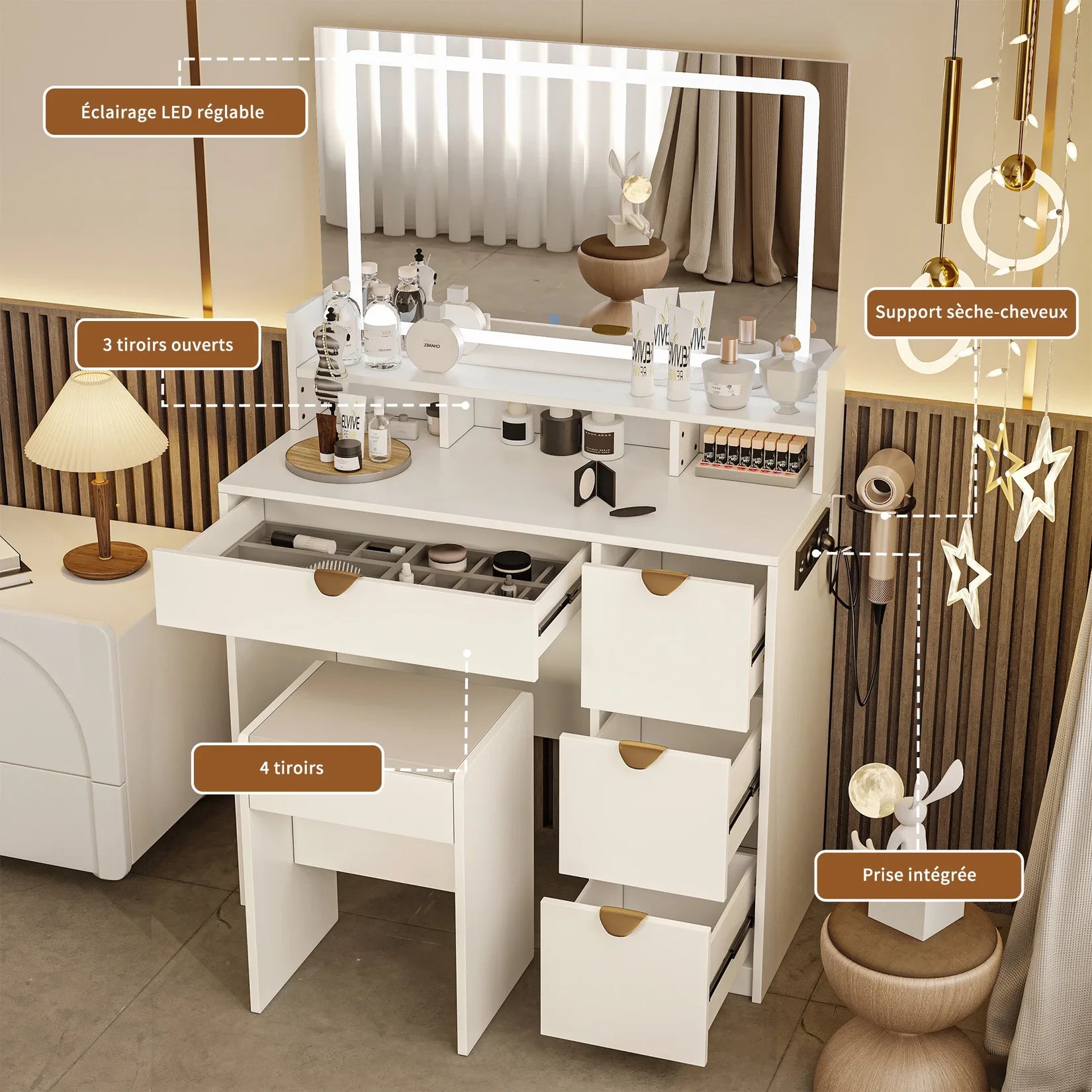 Coiffeuse Miroir LED Fonctionnalités Support Sèche-Cheveux.