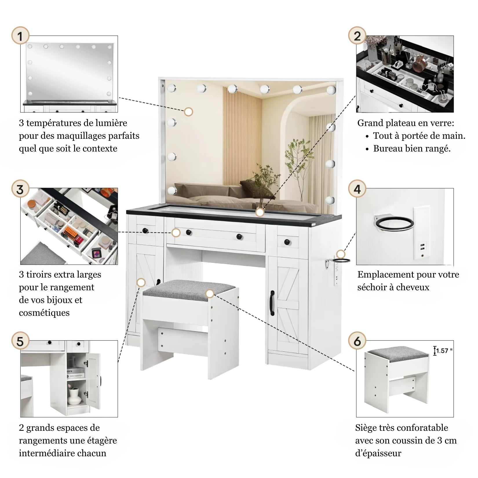 Coiffeuse Miroir LED Hollywood avec éclairage réglable et nombreux rangements pratiques.