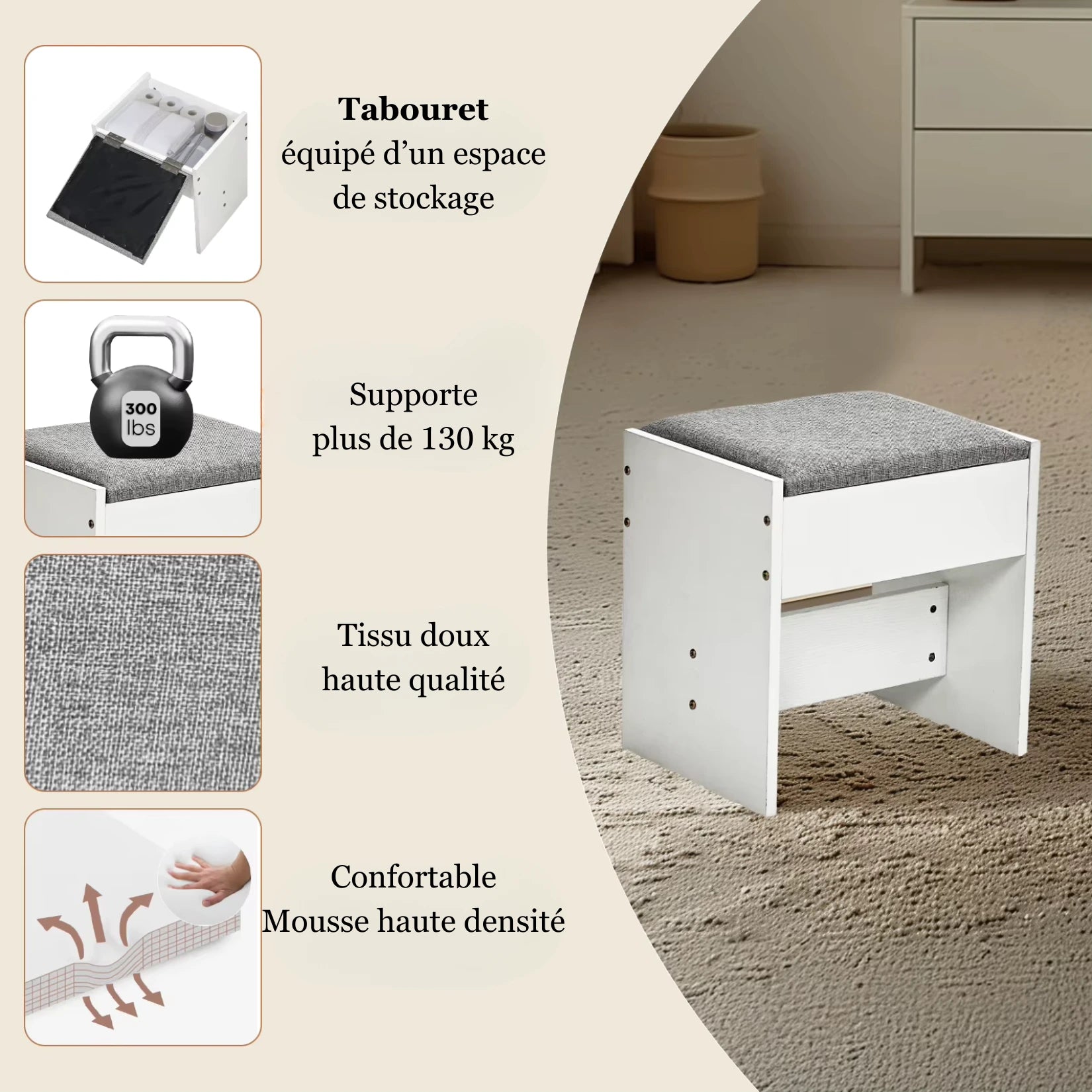 Tabouret confortable et robuste inclus avec la Coiffeuse Miroir LED Hollywood.