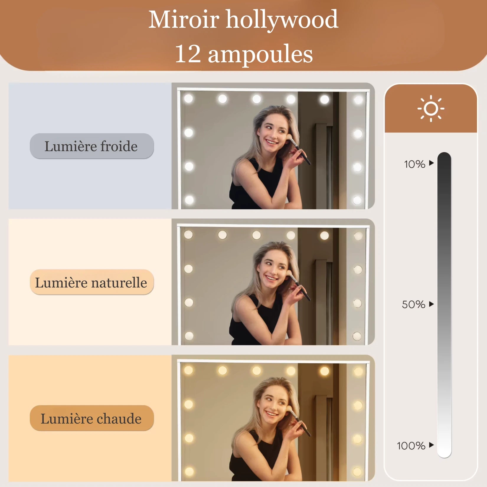 Trois températures de lumière LED réglables sur le Miroir Hollywood de la Coiffeuse.