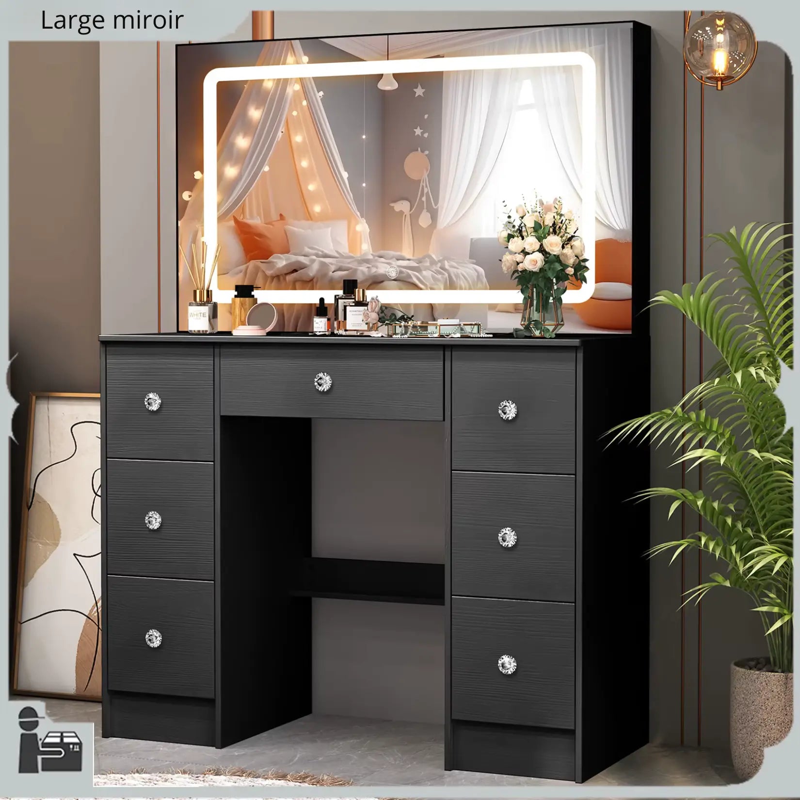 Coiffeuse Miroir LED Noir - Ambiance Chambre Cosy.