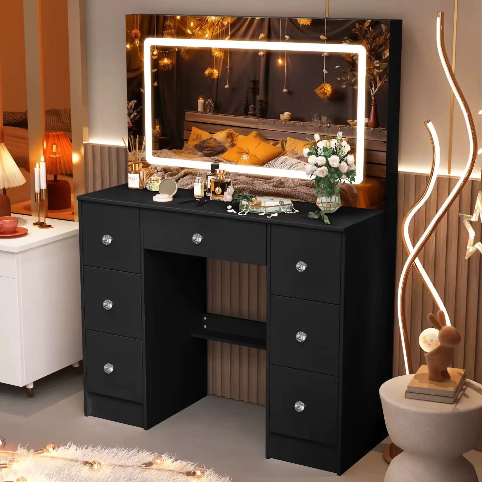 Coiffeuse Miroir LED Noir - Décoration Cosy Lumineuse.