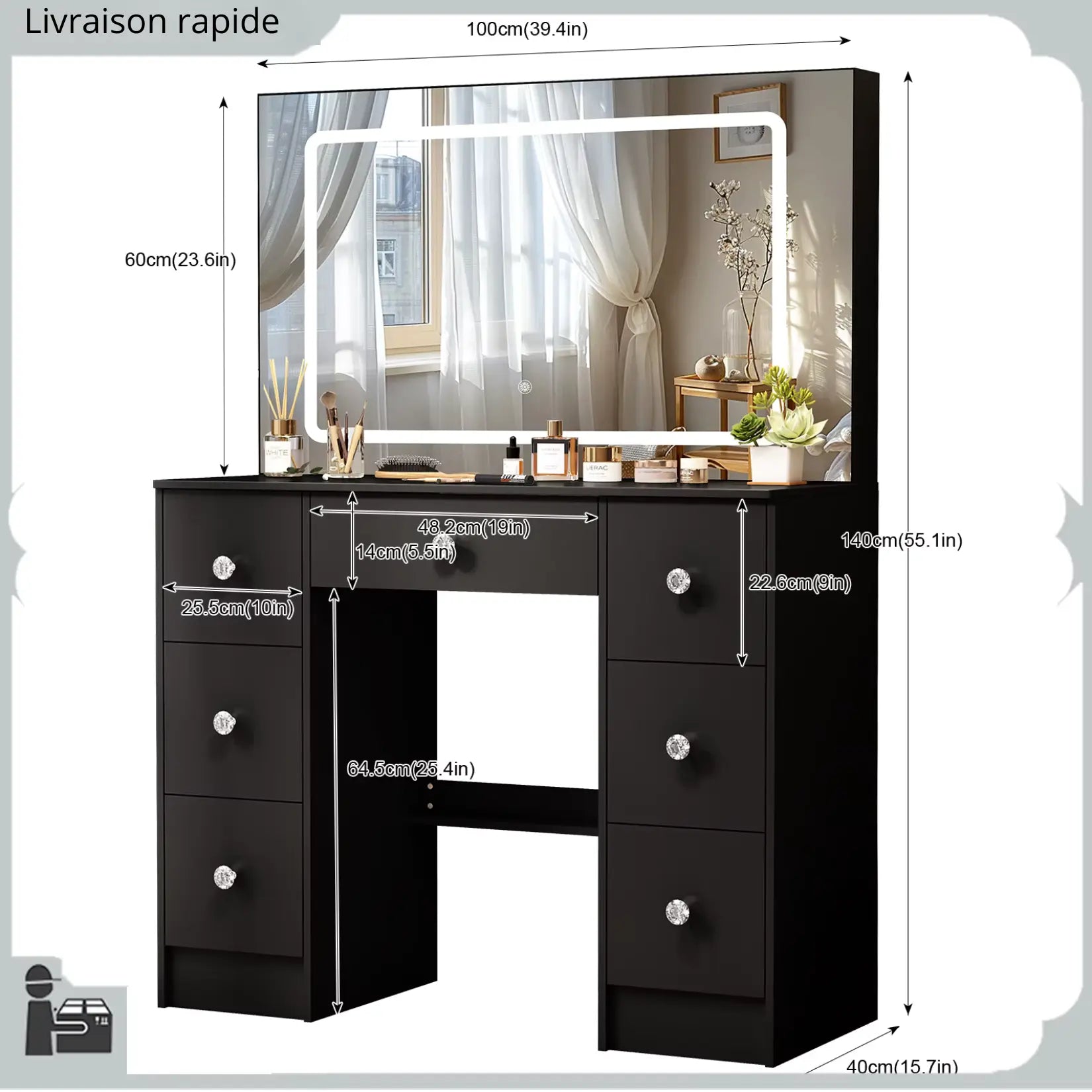 Coiffeuse Miroir LED Noir - Dimensions 100x140 cm.