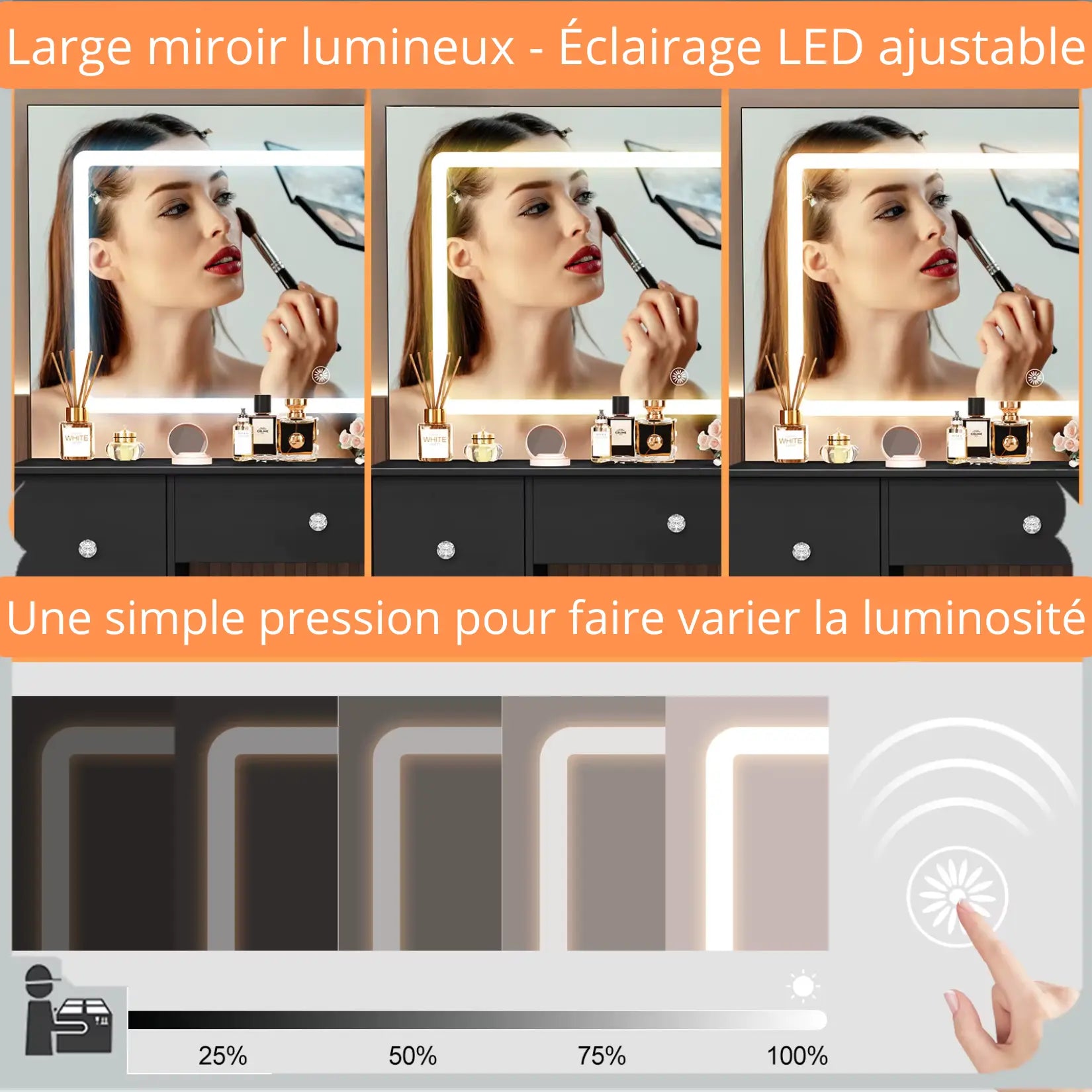 Coiffeuse Miroir LED Noir - Éclairage 3 Modes Ajustable.