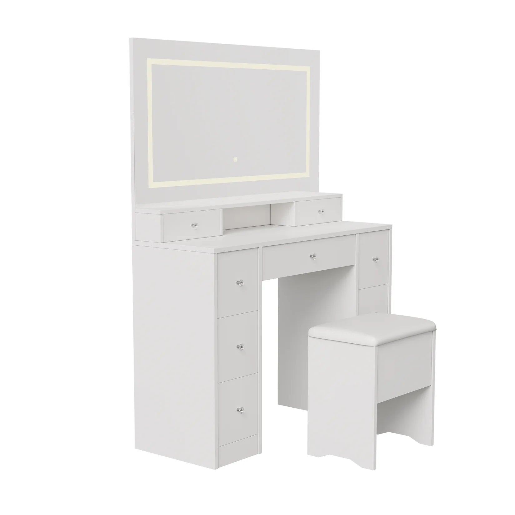 Coiffeuse Miroir LED Vue de Profil avec Tabouret.