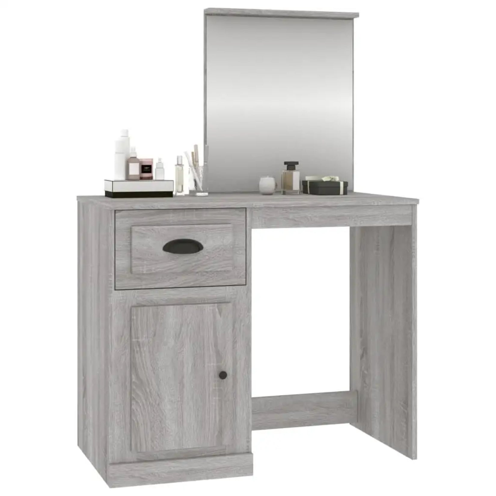 Coiffeuse miroir avec accessoires de maquillage et rangement optimisé.