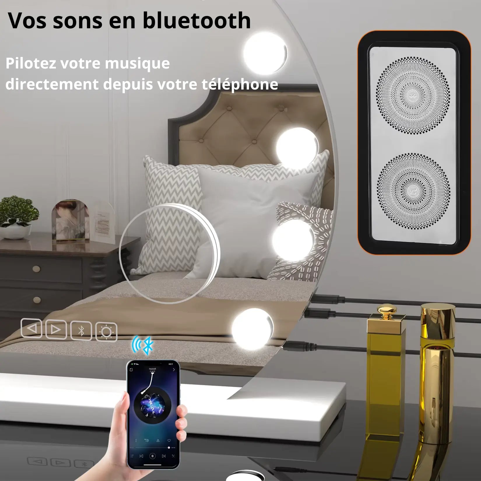 Coiffeuse Miroir Rond LED Hollywood connexion Bluetooth et haut-parleurs.