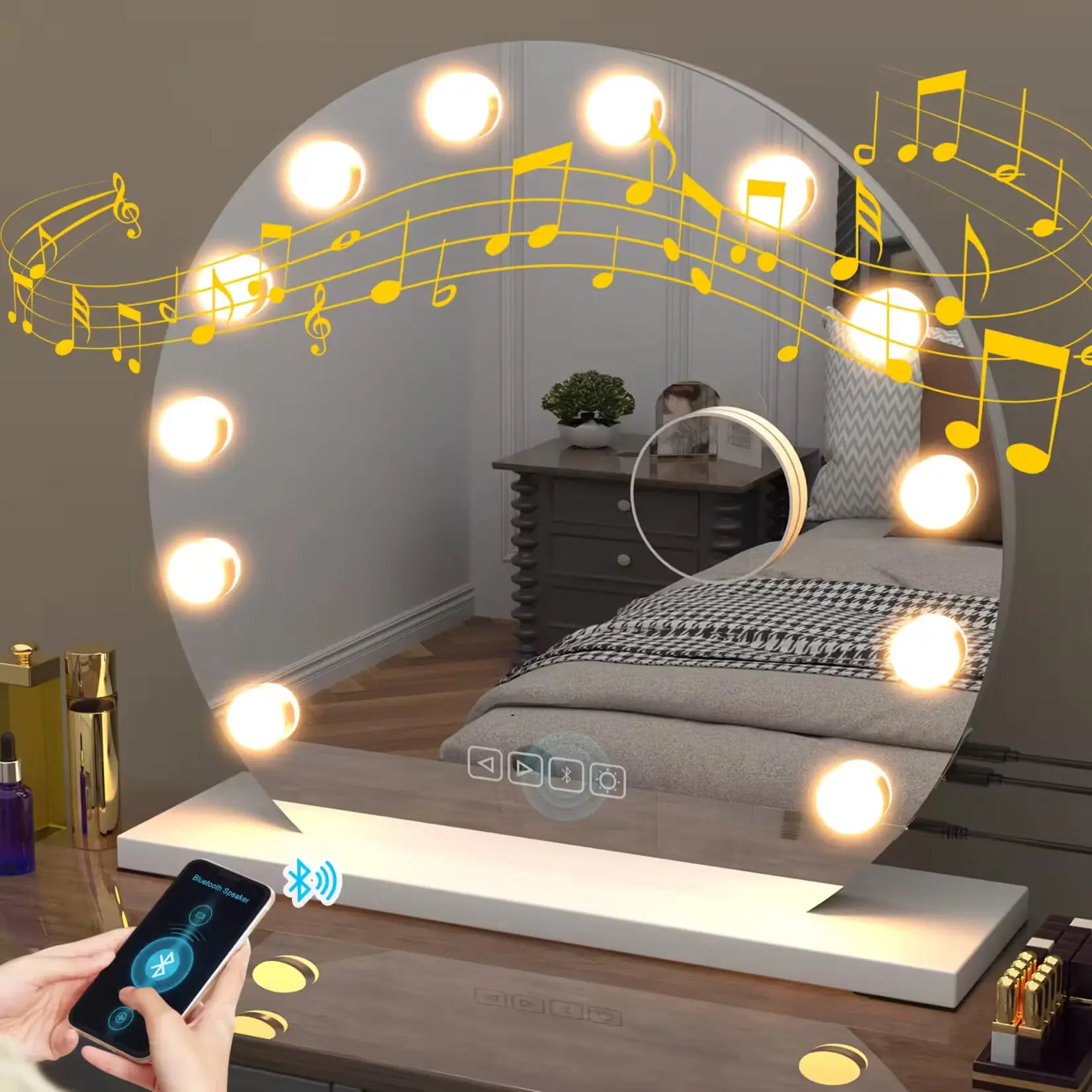 Coiffeuse Miroir Rond LED Hollywood Bluetooth écoute musique smartphone.