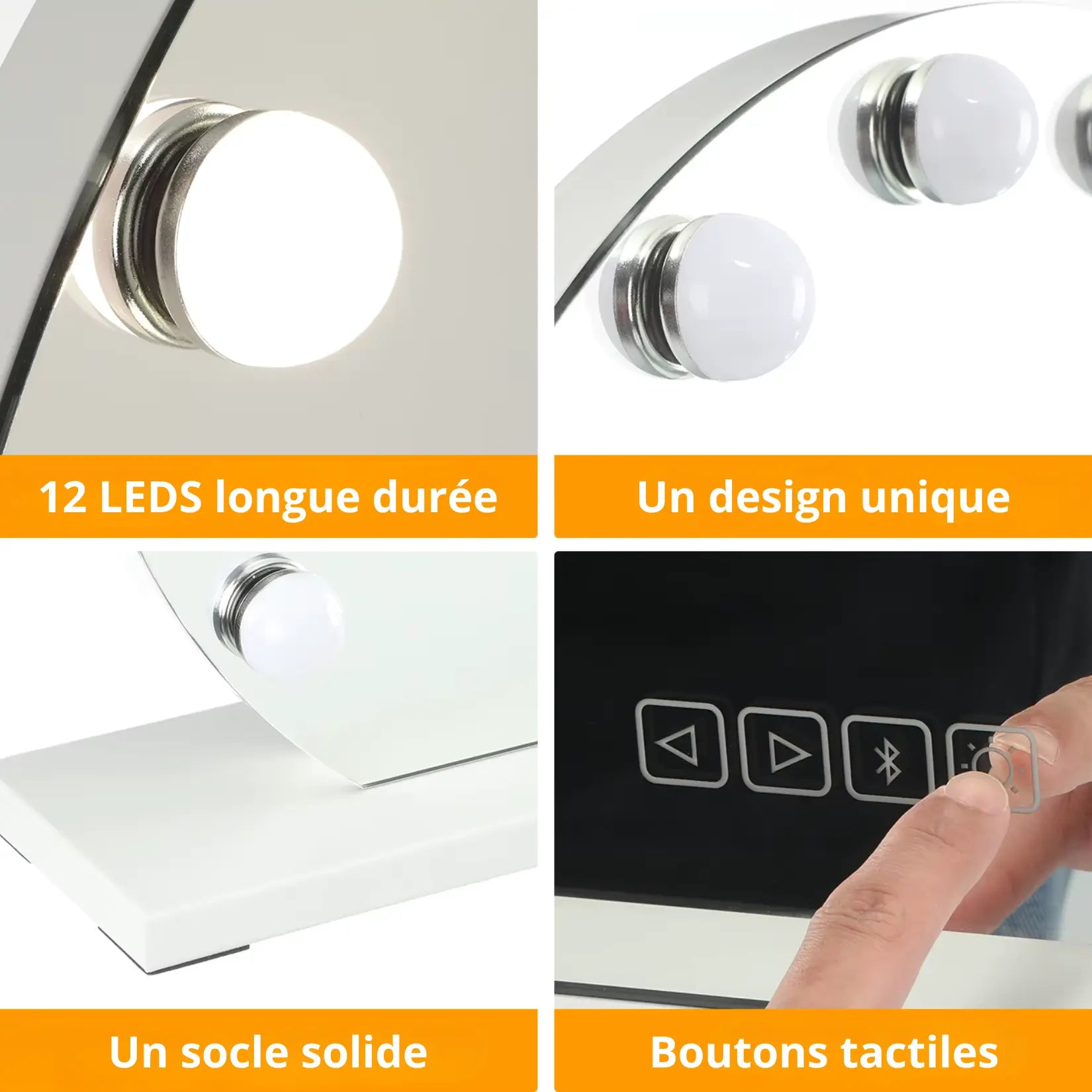 Coiffeuse Miroir Rond LED Hollywood 12 ampoules boutons tactiles et socle.