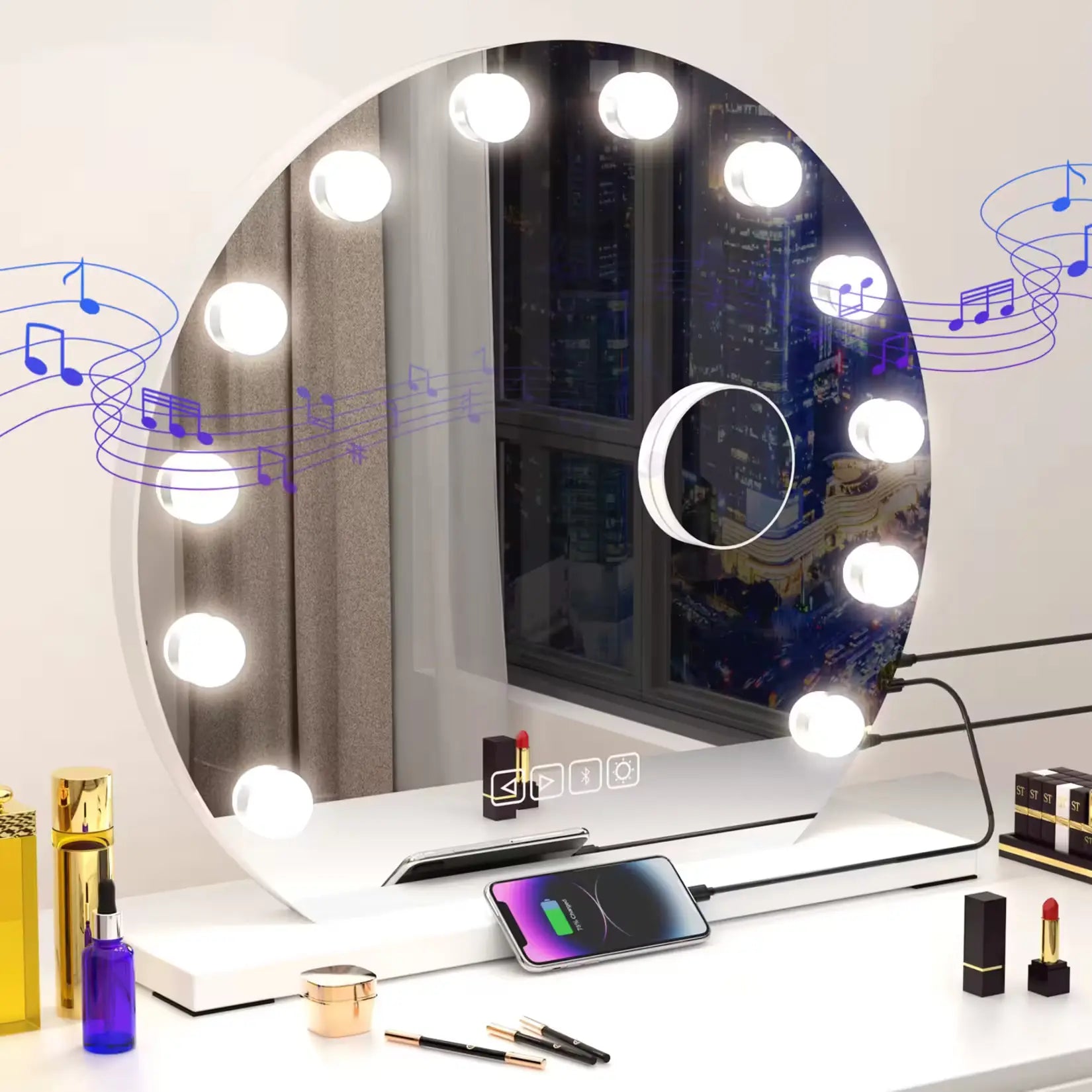 Coiffeuse Miroir Rond LED Hollywood avec port USB recharge téléphone.