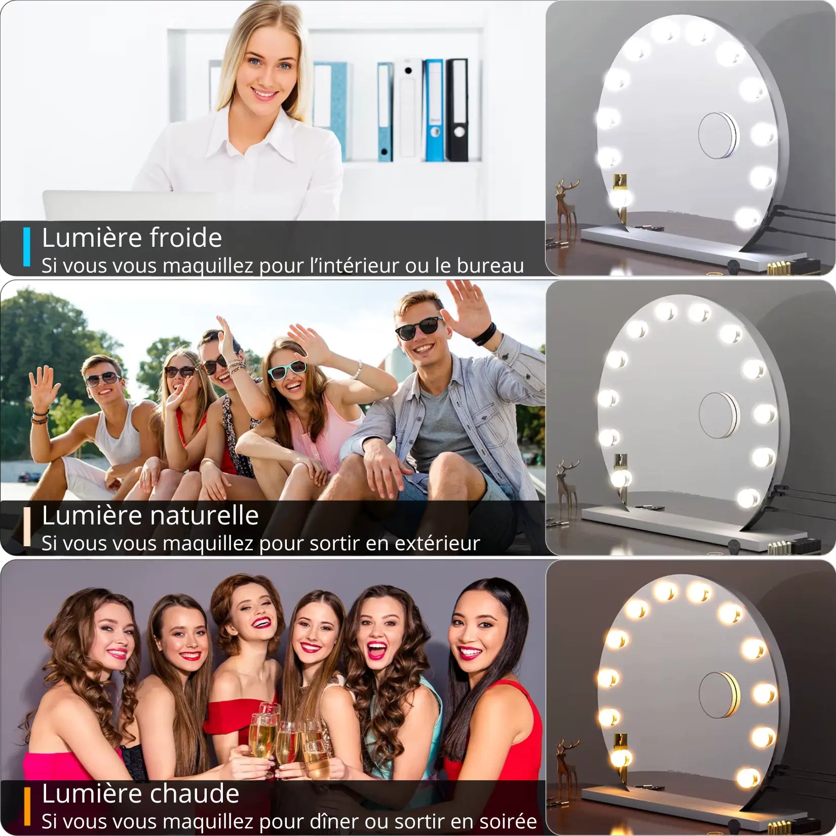 Coiffeuse Miroir Rond LED trois températures lumière froide naturelle chaude.