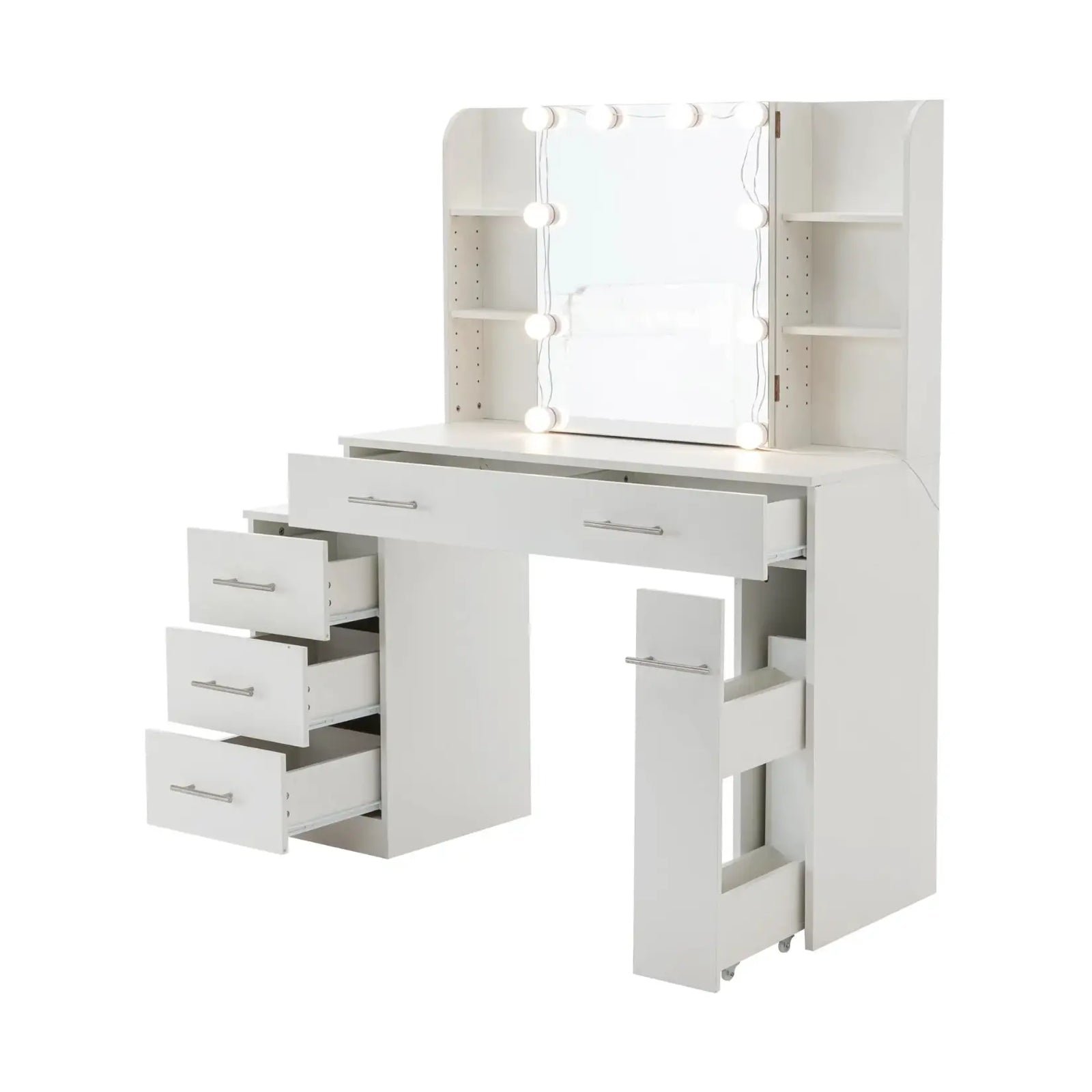 Disposition fonctionnelle des tiroirs spacieux sur la coiffeuse miroir blanche avec tabouret assorti.