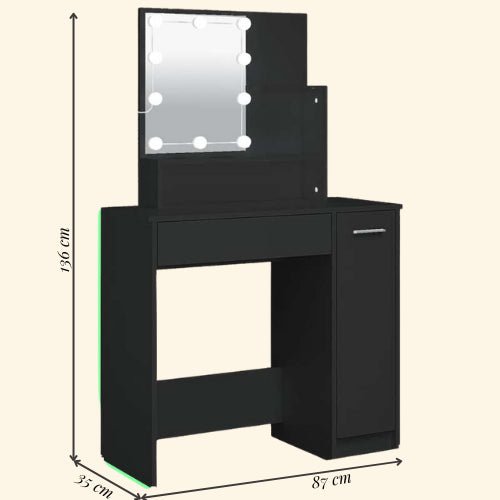 coiffeuse noire avec miroir LED montrant les dimensions exactes : hauteur 136 cm, largeur 87 cm, et profondeur 35 cm