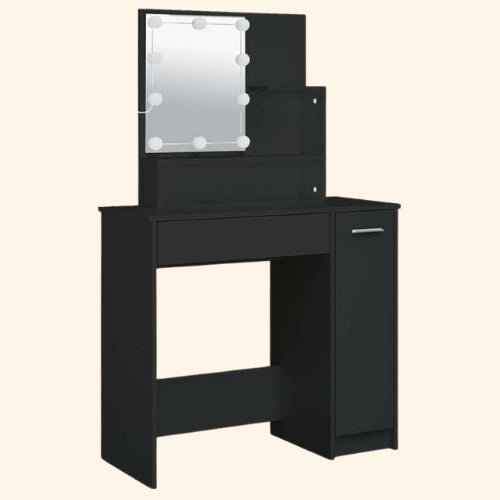 coiffeuse noire avec miroir LED, élégante et fonctionnelle, vue générale