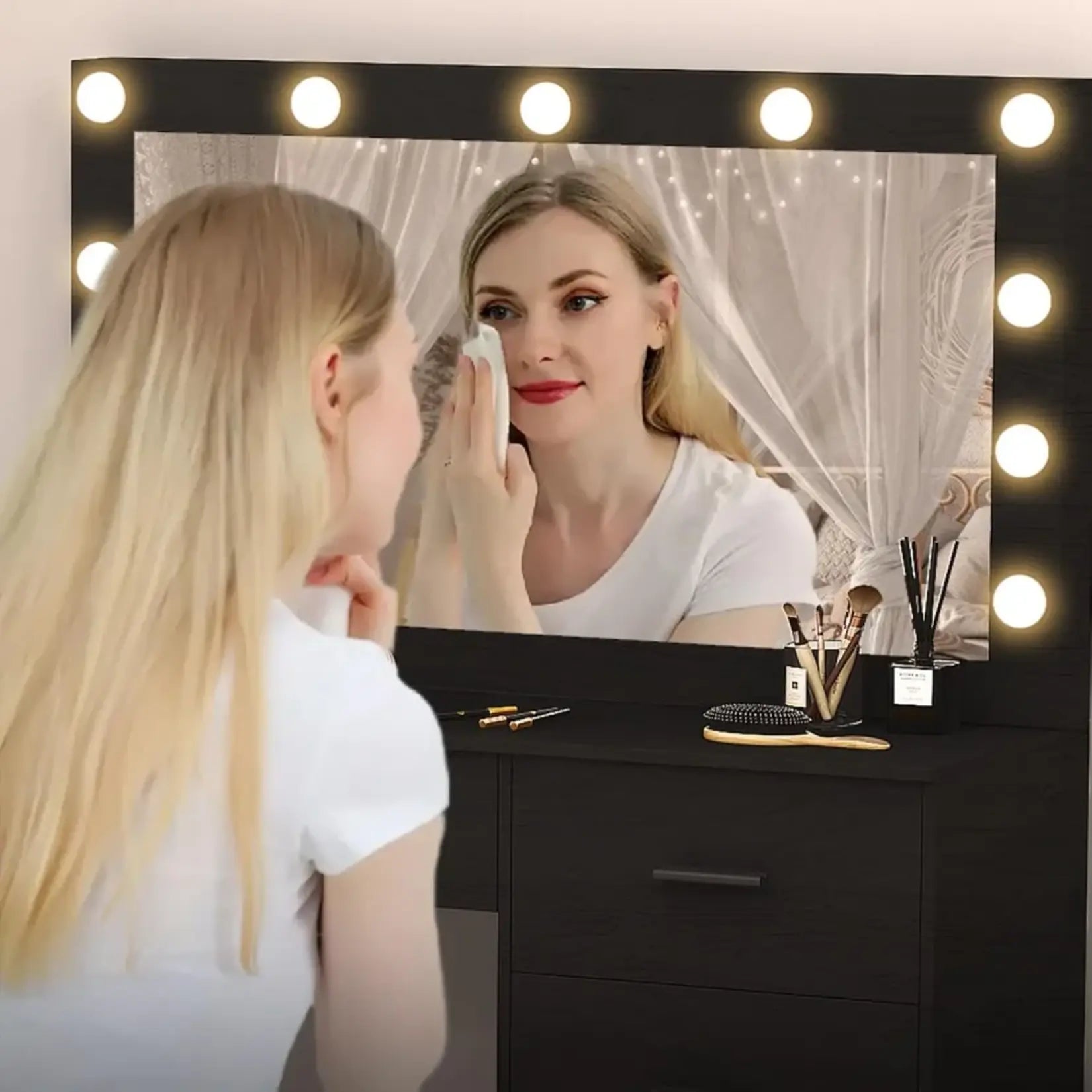 Coiffeuse Noire Miroir LED 11 Ampoules Maquillage Professionnel.