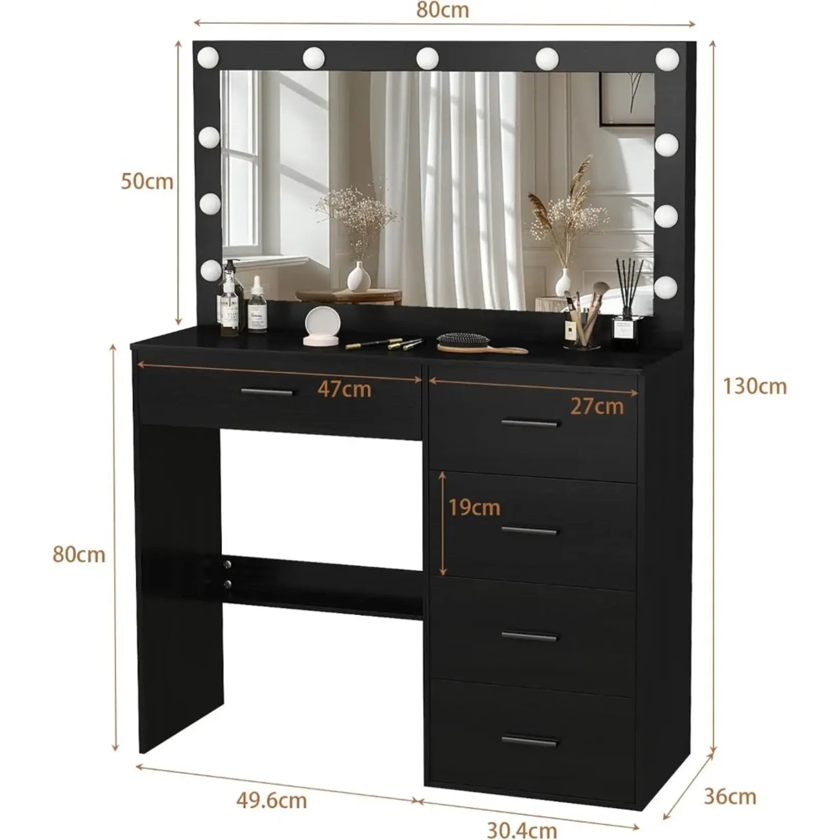 Coiffeuse Noire Miroir LED - Dimensions 80 cm Schéma Technique.