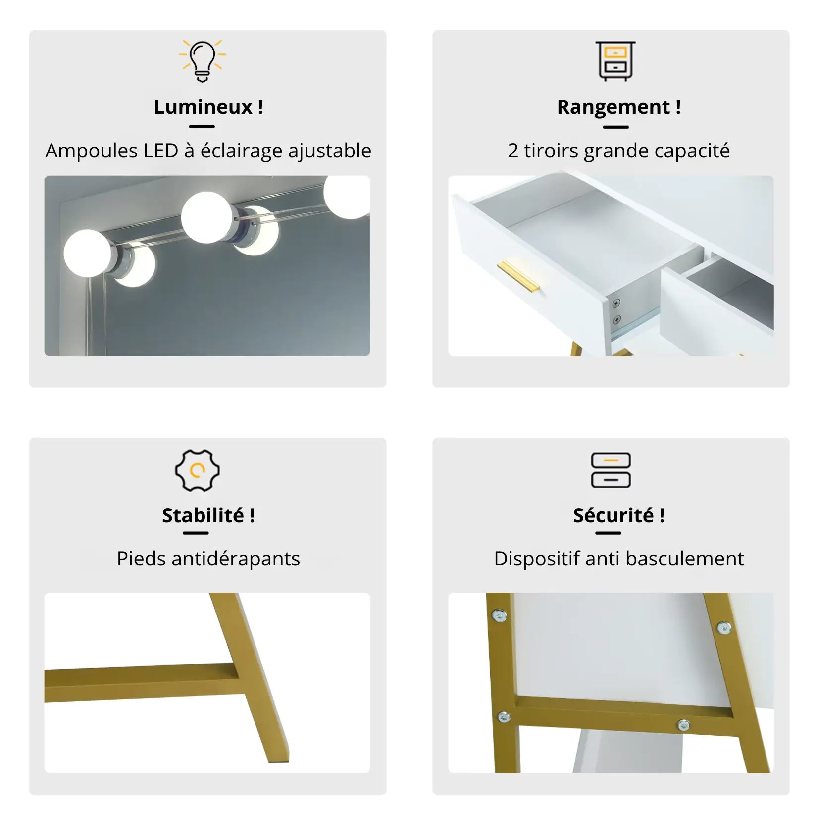 Caractéristiques principales de la coiffeuse pour maquillage : lumineux, rangement, stabilité, sécurité.