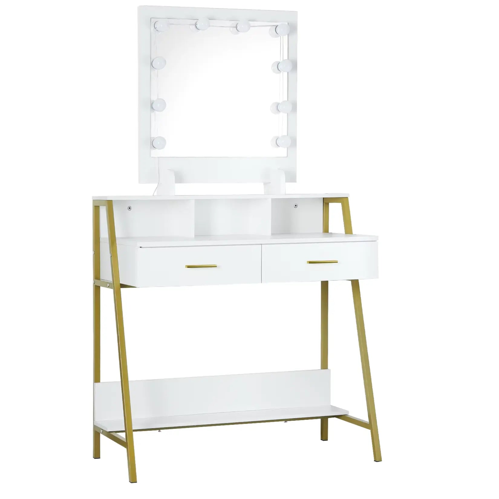 Vue de face de la coiffeuse pour maquillage avec miroir LED et rangements blanc or.