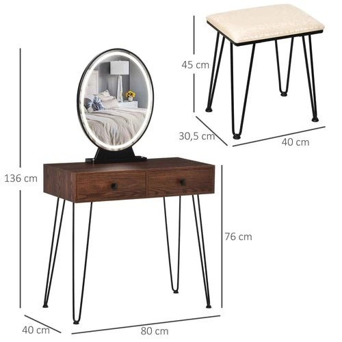 Dimensions complètes de la coiffeuse avec grand miroir LED et tabouret inclus.