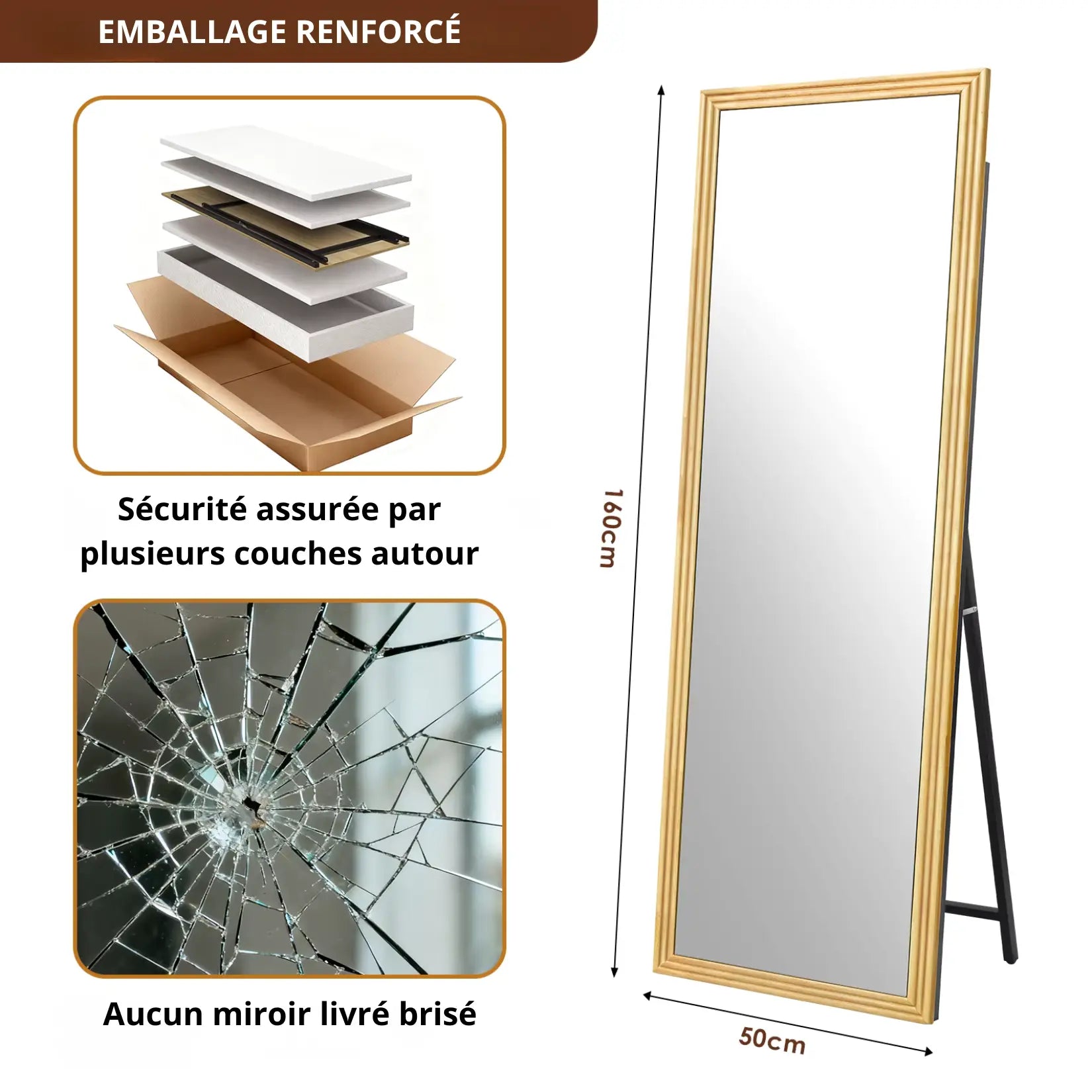 Dimensions et emballage renforcé du miroir sur pied bois.