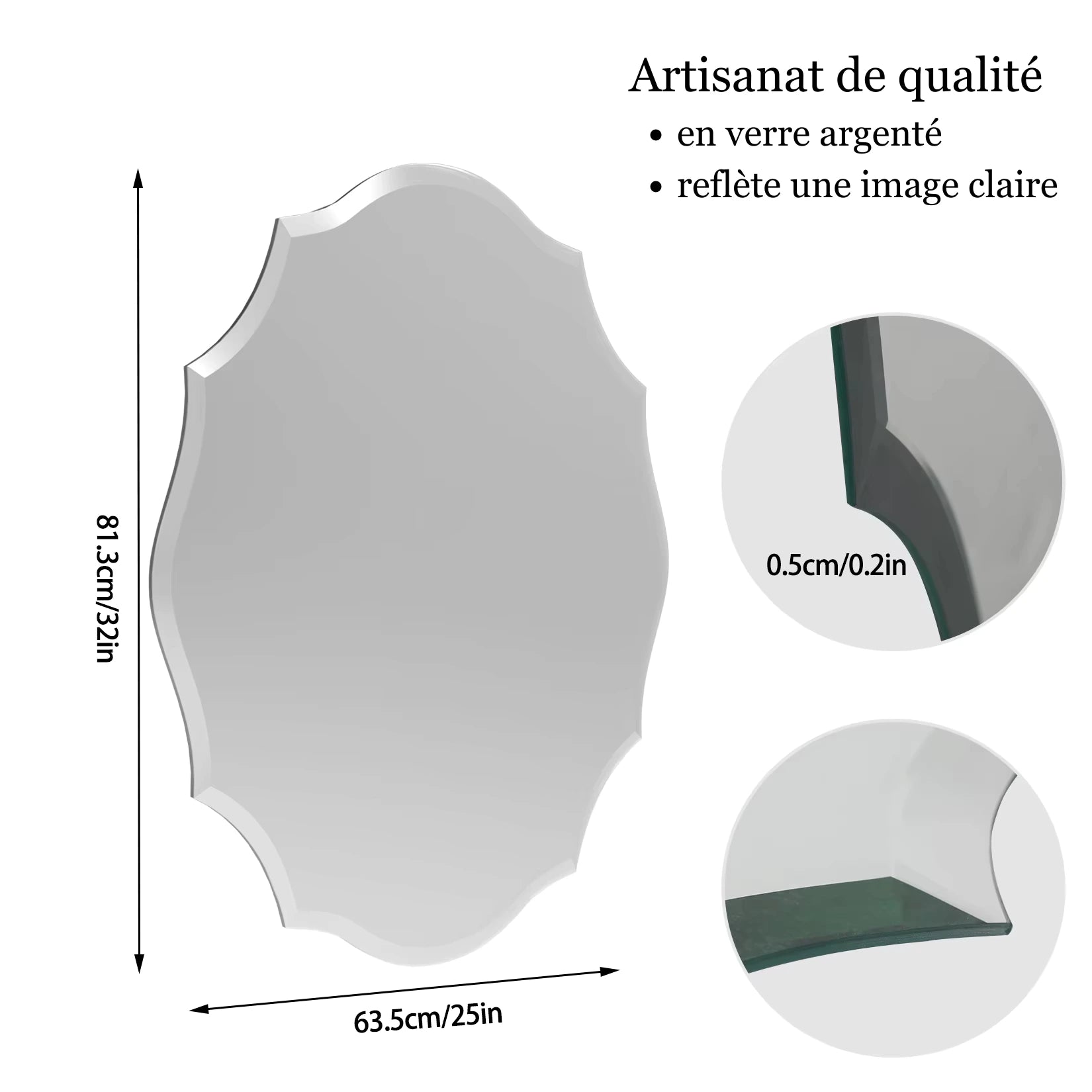 Dimensions du miroir design pour salon en 81 x 63 cm avec zoom sur la bordure en verre.