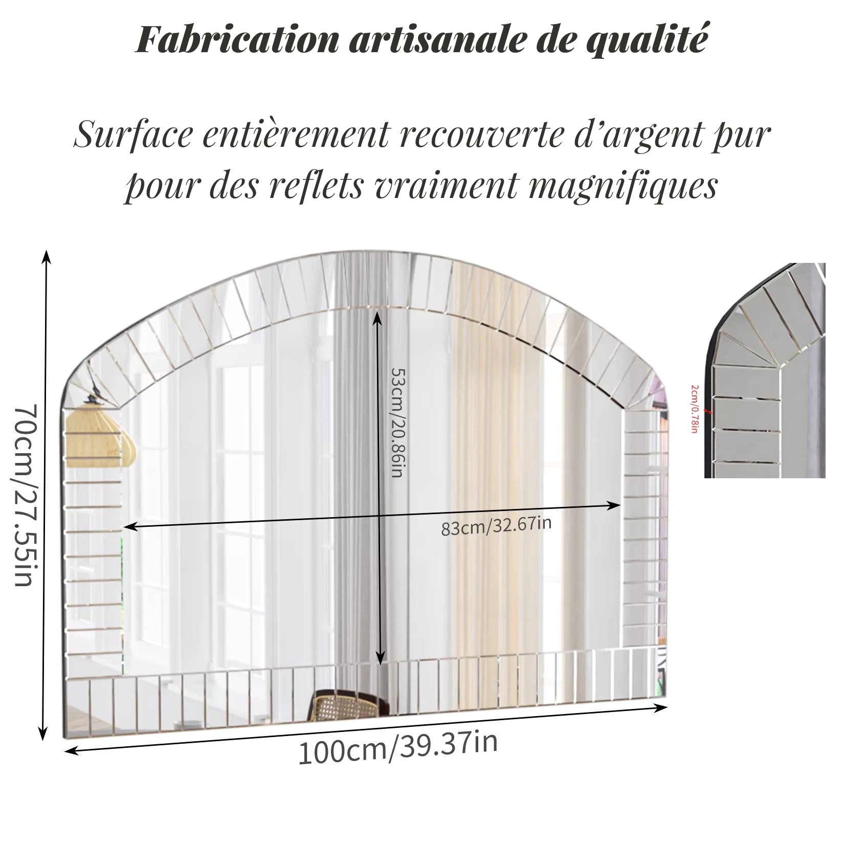 Dimensions du miroir mural argenté biseauté 100x70 cm avec fabrication artisanale et surface en verre argenté de haute qualité.