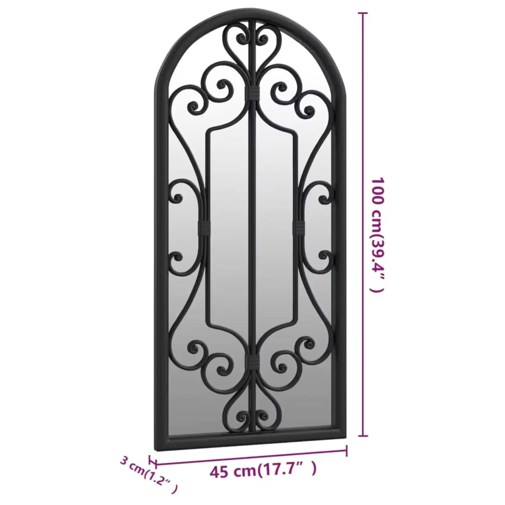 Dimensions du miroir noir rectangulaire avec 100 cm de hauteur, 45 cm de largeur et 3 cm d’épaisseur.