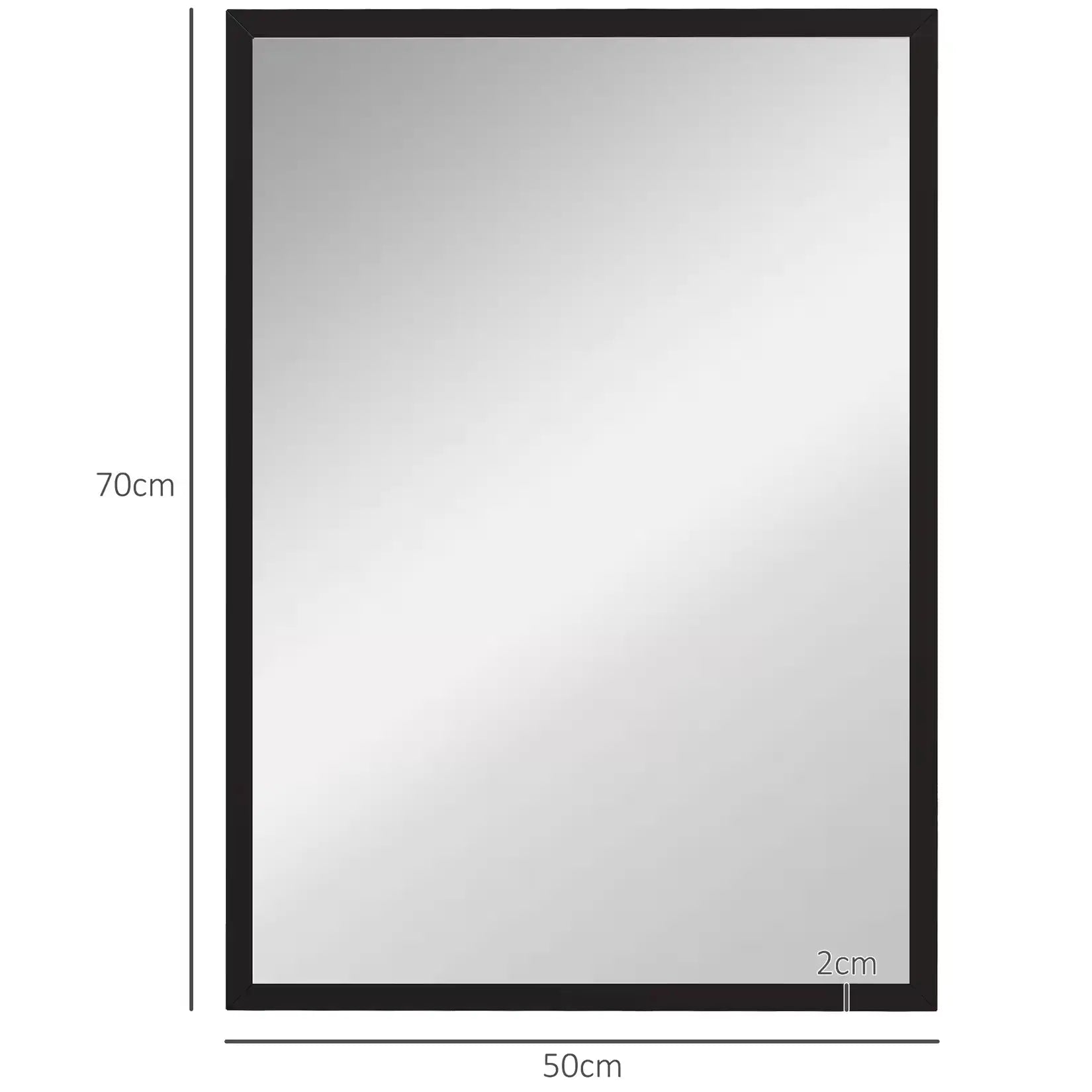 Dimensions miroir rectangulaire noir : 70 cm hauteur x 50 cm largeur x 2 cm profondeur.