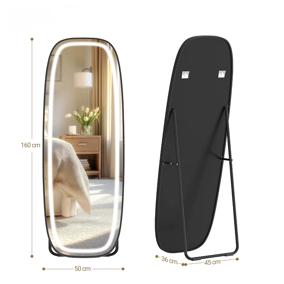 Dimensions du miroir sur pied lumineux : 160 cm de hauteur, 50 cm de largeur, pied de 45 x 36 cm au sol.