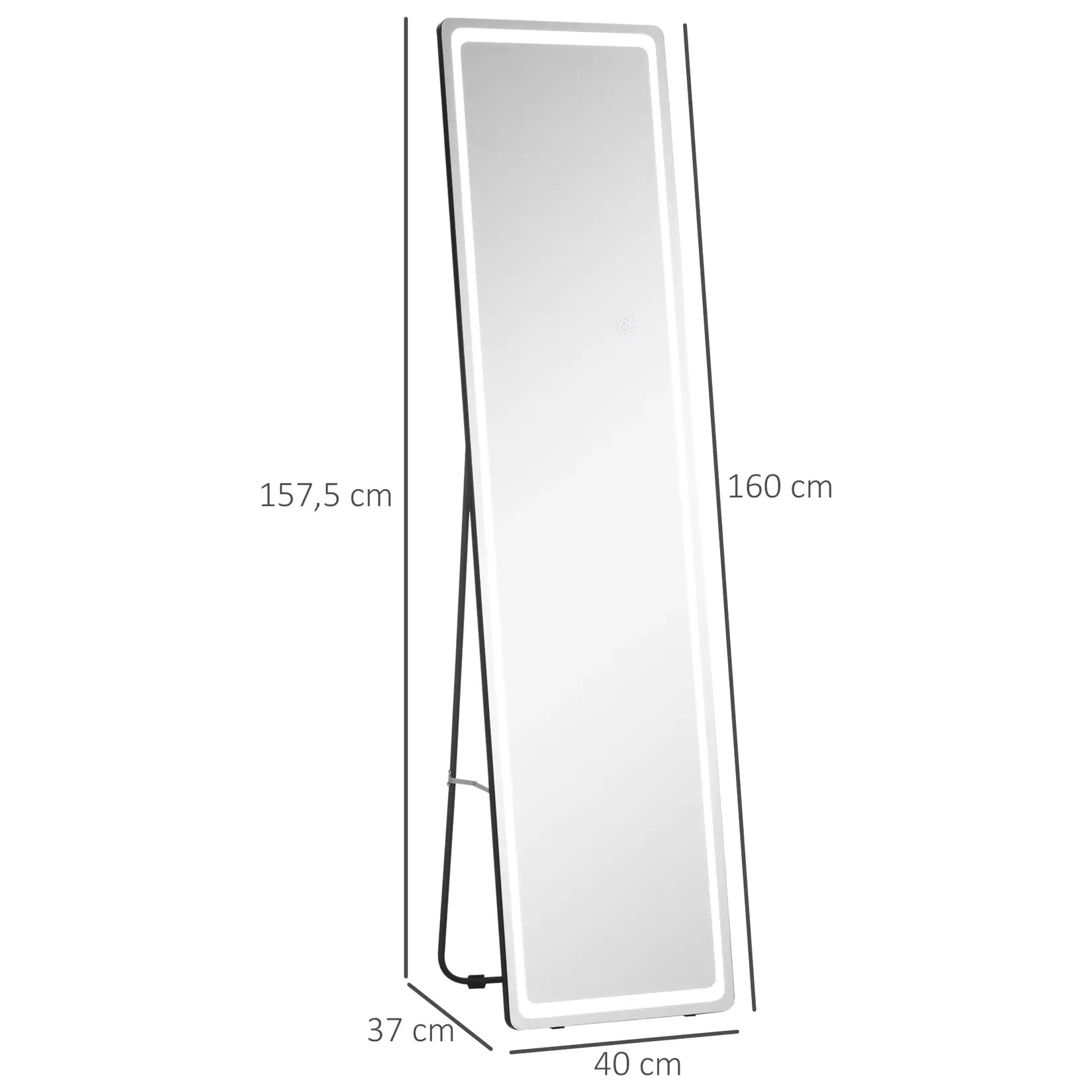 Dimensions du miroir sur pied lumineux : 160 cm de hauteur et 40 cm de largeur.