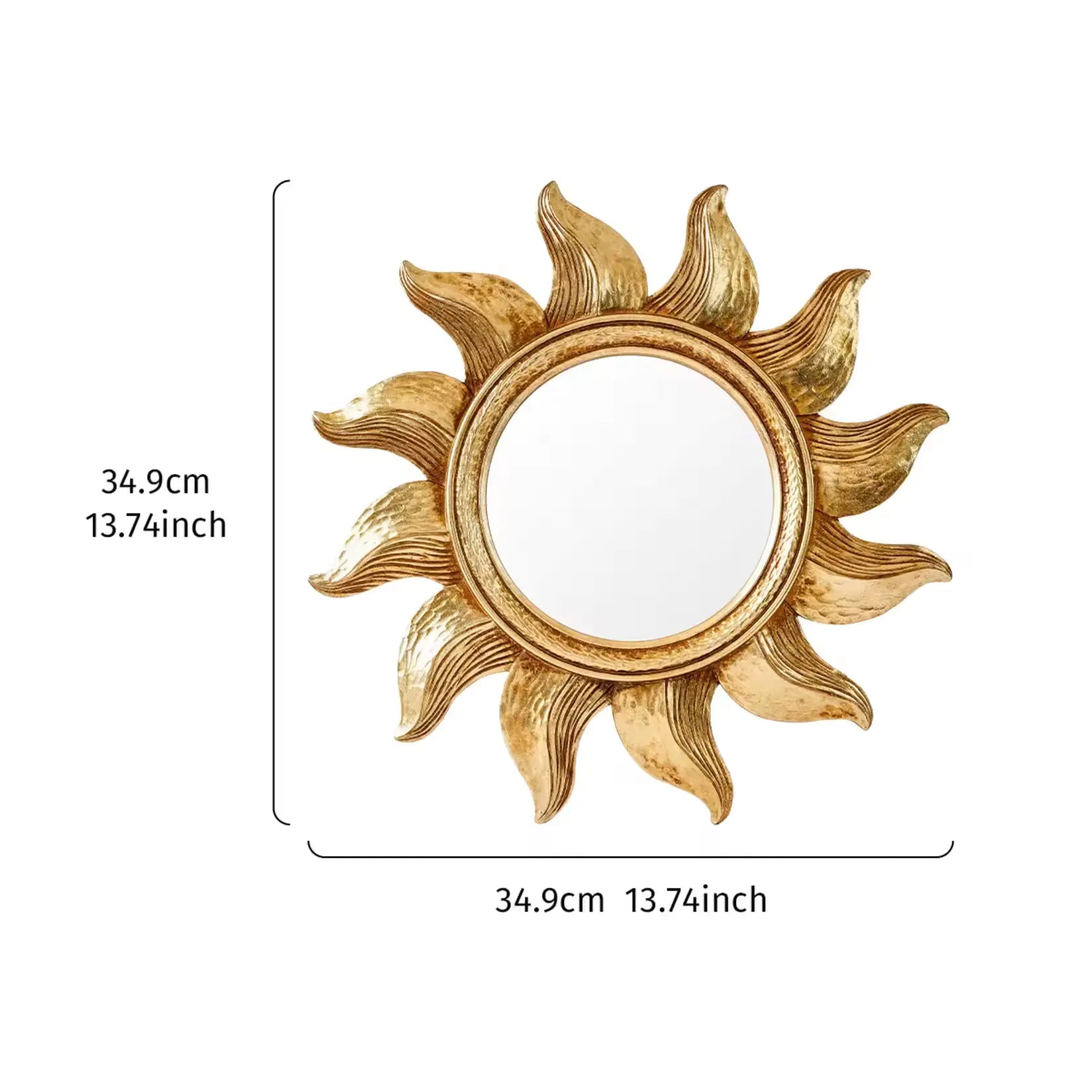 Dimensions du petit miroir doré rond : 34,9 cm de diamètre avec rayons soleil.