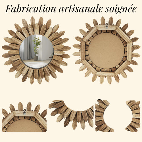 Miroir en bois rond flotté avec fabrication artisanale soignée et détails en bois naturel