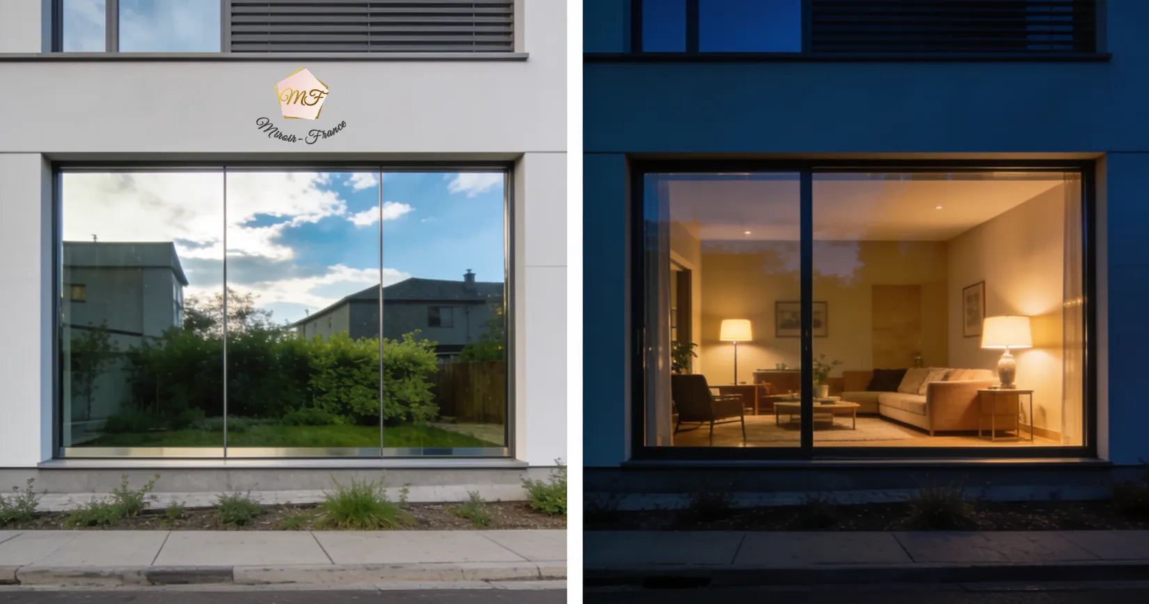 Spiegelfolie bei Tag und Nacht: Spiegeleffekt tagsüber, nachts bei Licht ist der Innenraum sichtbar