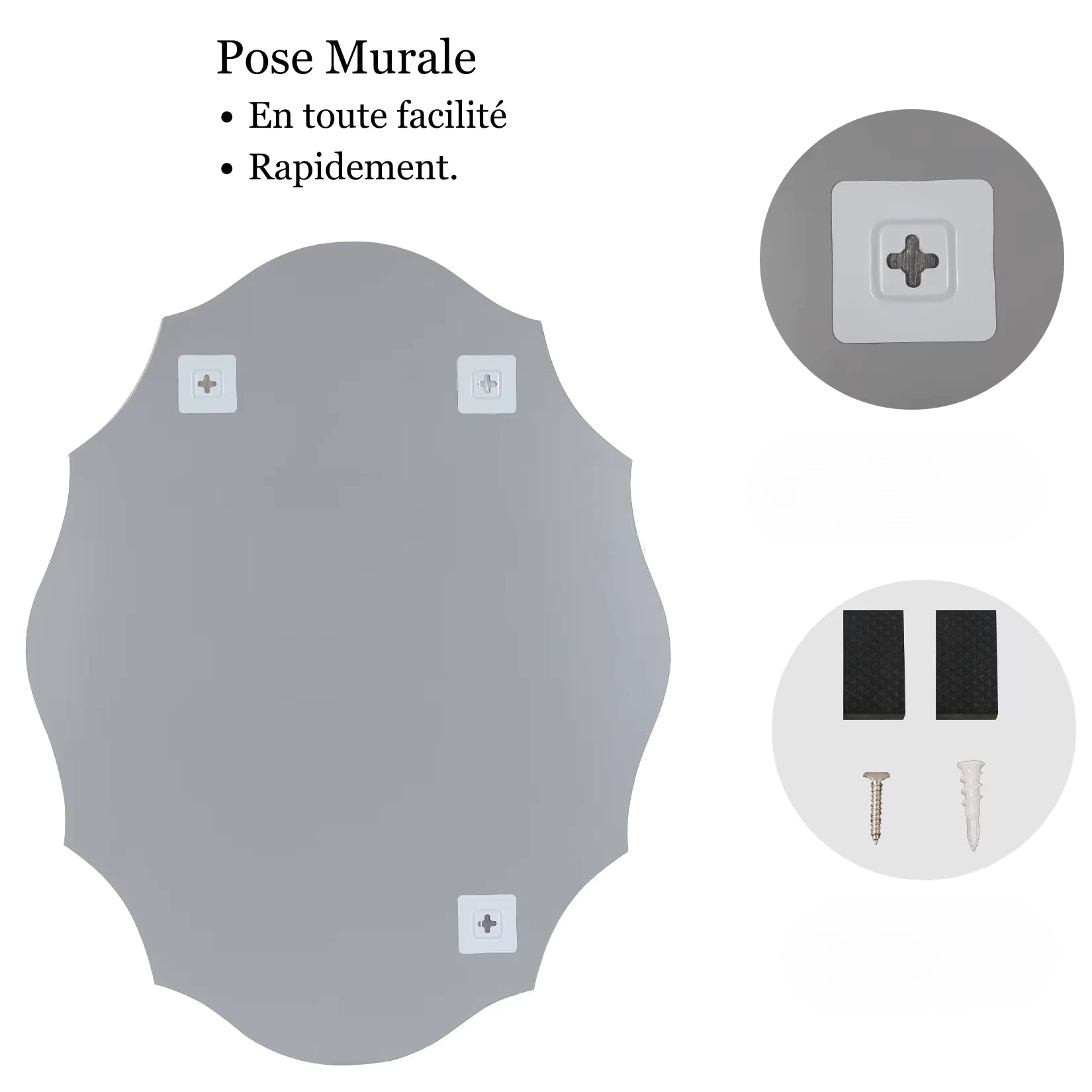 Fixation du miroir design pour salon avec vue sur le kit de montage inclus.