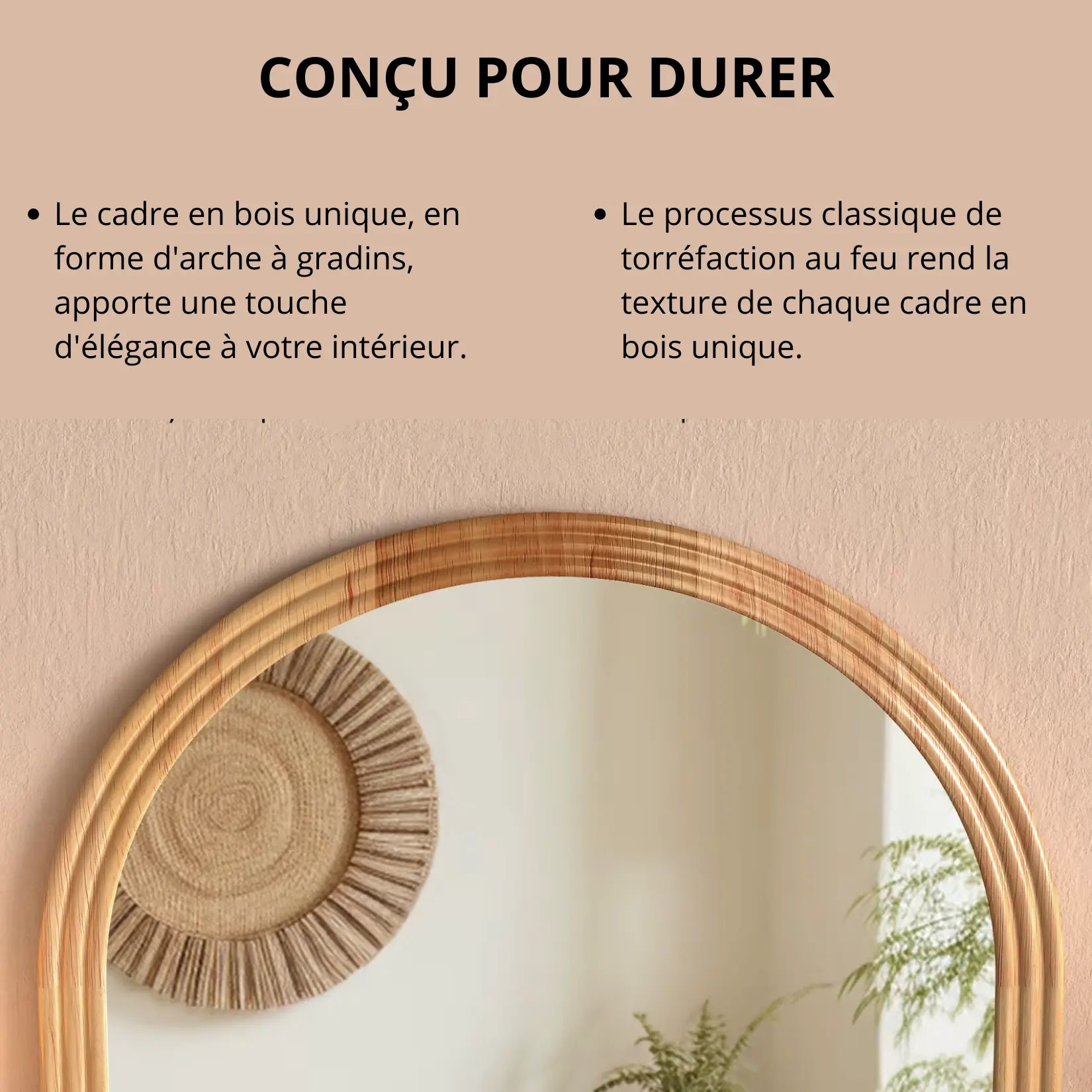 Cadre en bois naturel du grand miroir à poser au sol, finition torrefiée.