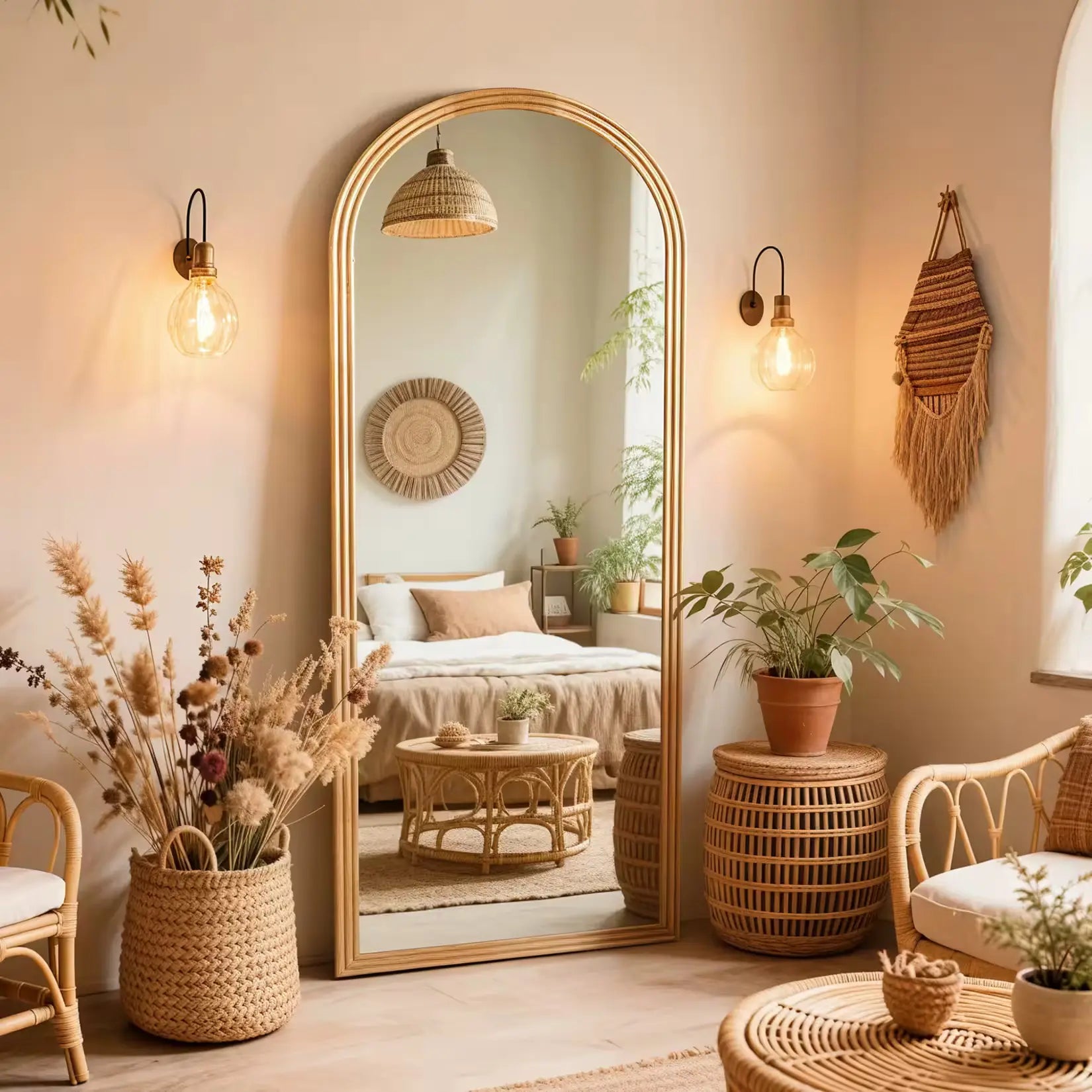 Grand miroir à poser au sol dans un salon à décoration bohème et naturelle.