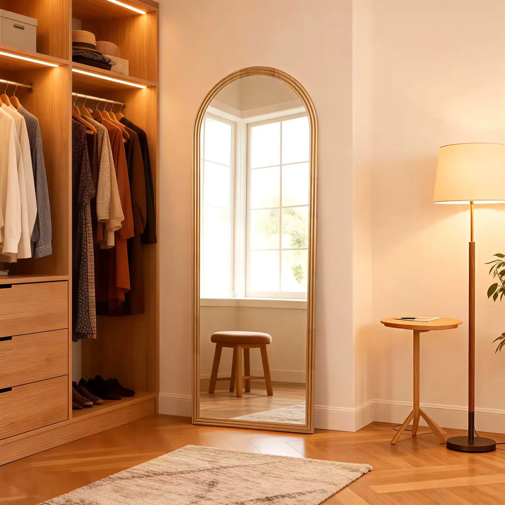 Grand miroir à poser au sol dans un dressing élégant et bien éclairé.