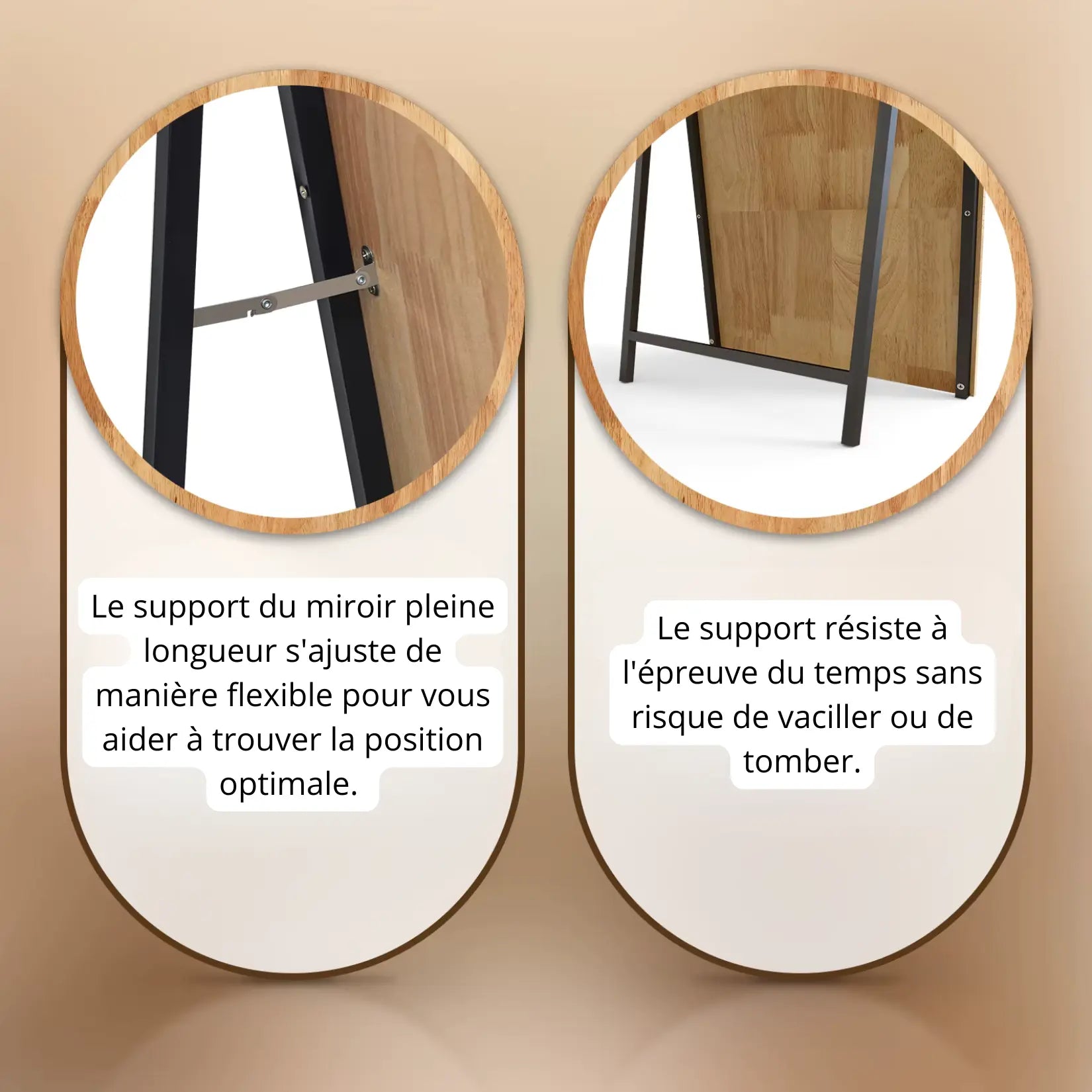 Support réglable du grand miroir à poser au sol, robuste et sécurisé.