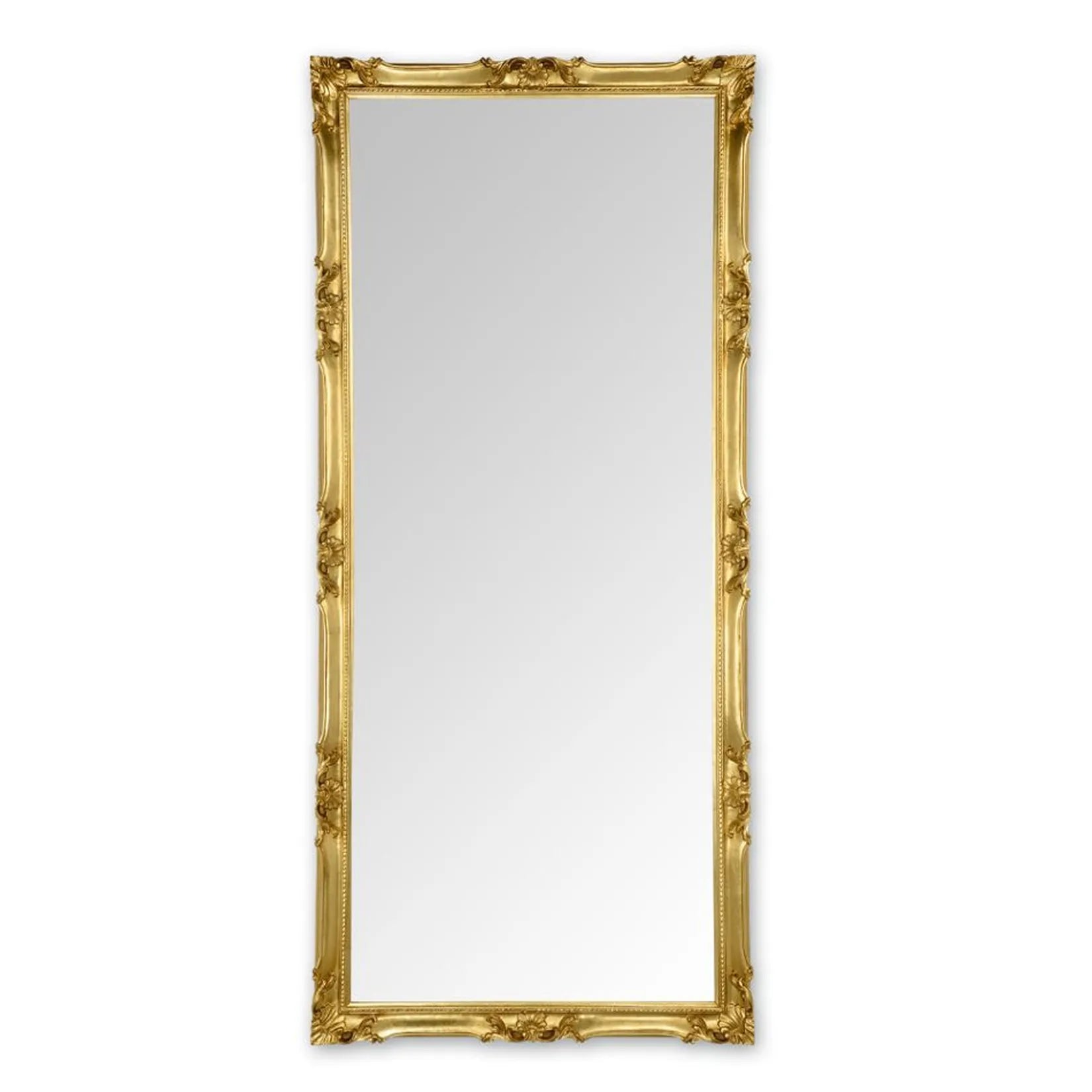 Grand miroir doré rectangulaire 80x180 cm, cadre bois sculpté feuille d'or, vue de face.