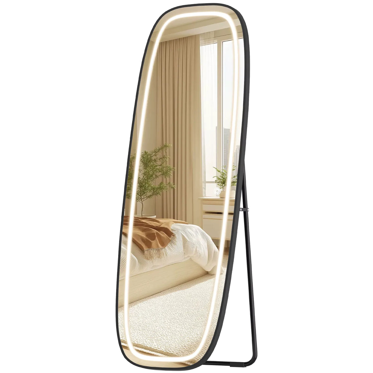 Grand miroir LED sur pied au cadre noir en alliage d'aluminium, angles arrondis.