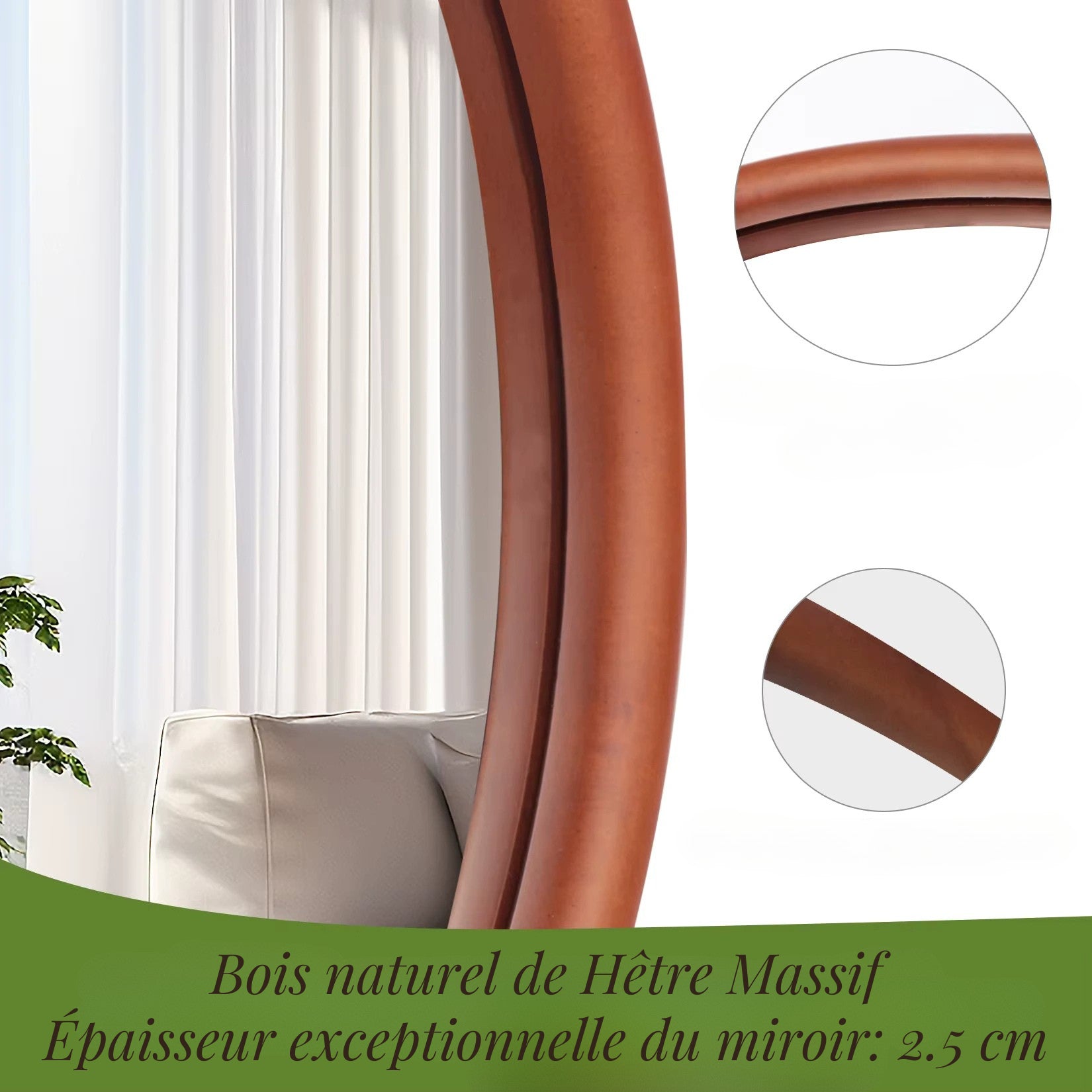 Détail du cadre en bois de hêtre massif d'un grand miroir mural.