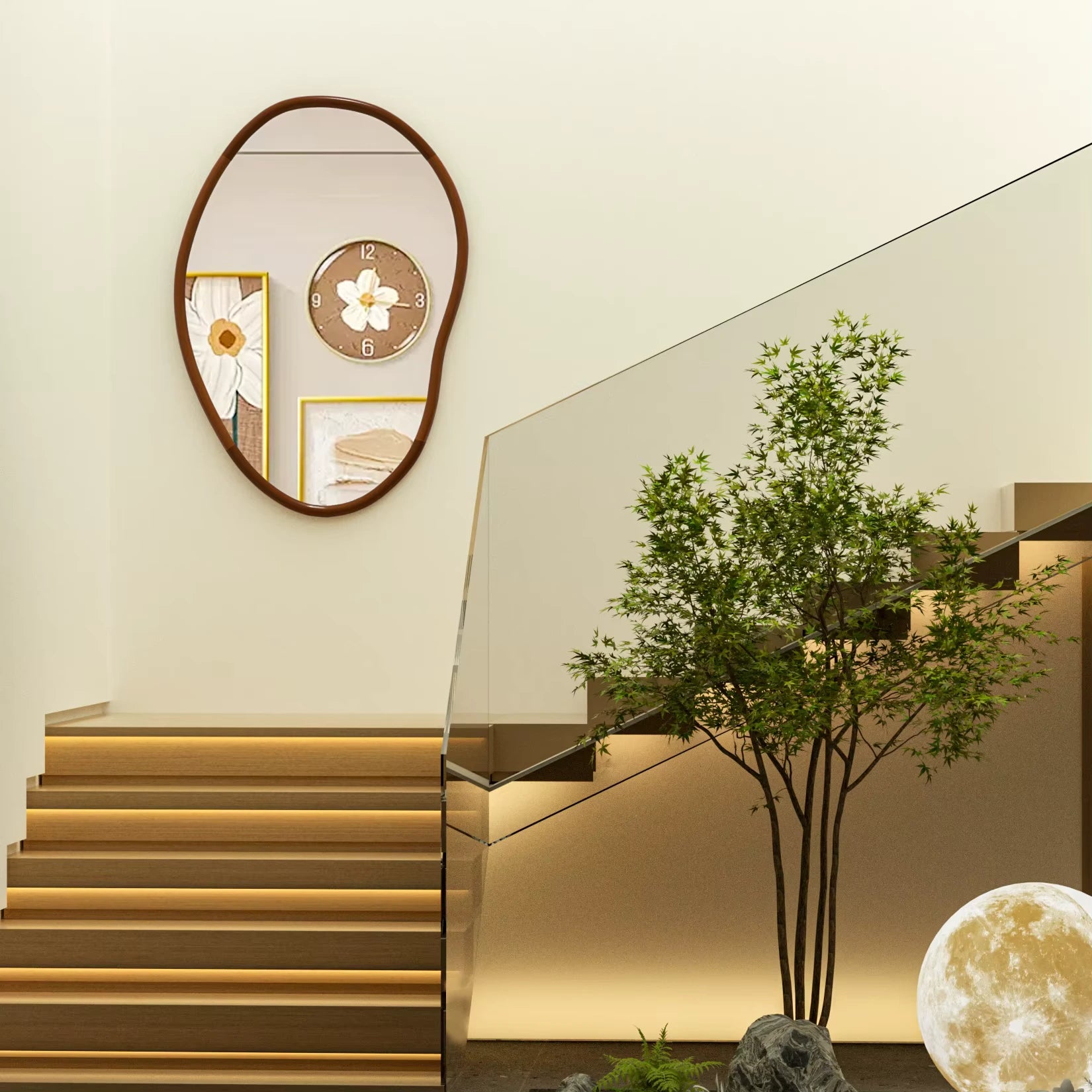 Grand miroir mural asymétrique en bois de hêtre placé au-dessus d’un escalier moderne.