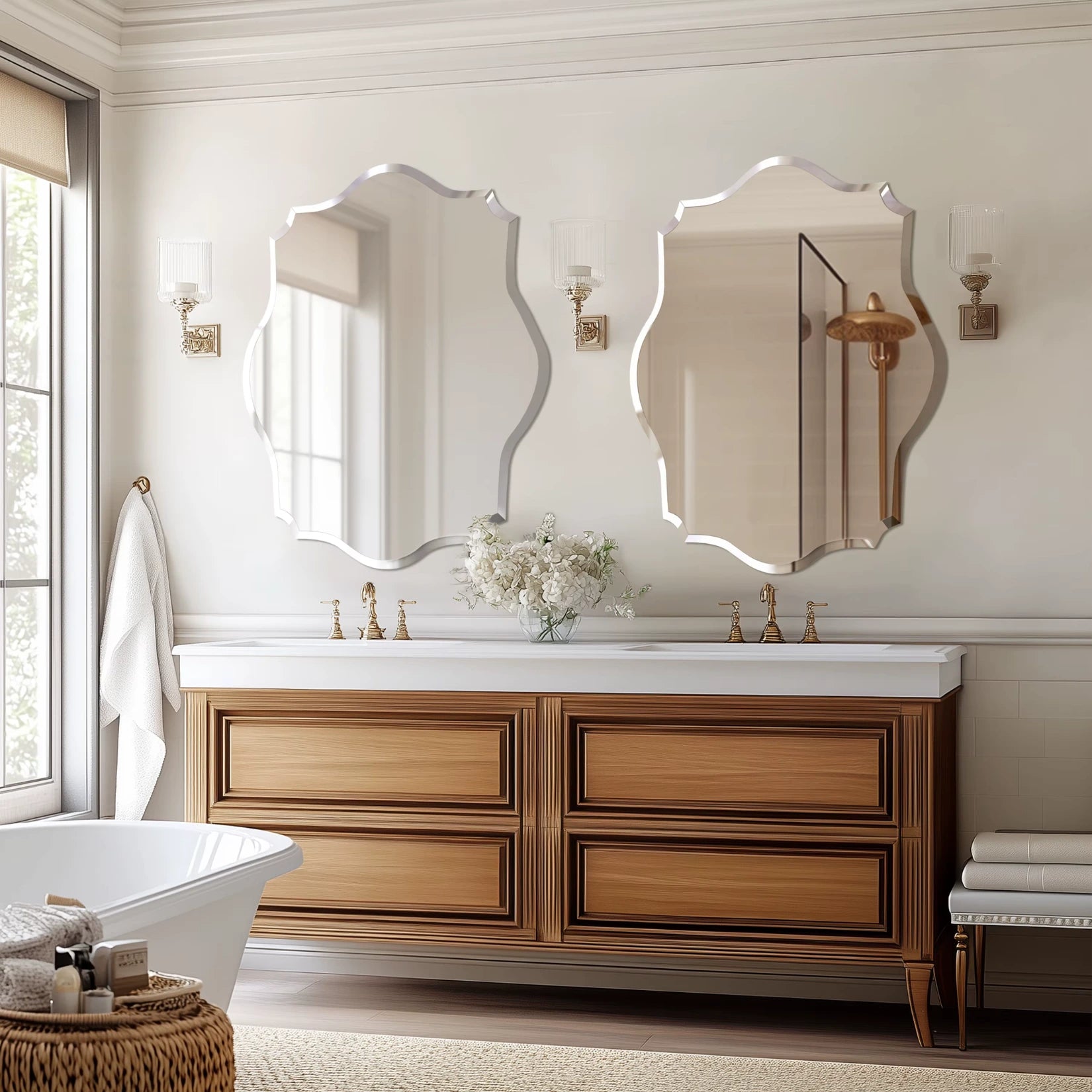 Grand miroir mural design dans une salle de bain classique avec meubles bois doré et baignoire.